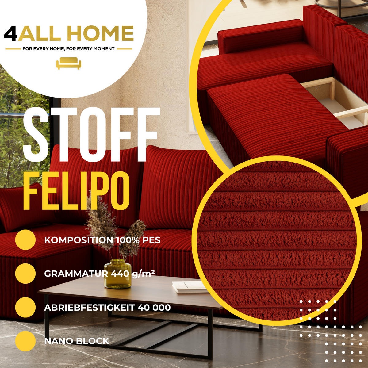 ECKSOFA Tobi mit Bettkasten und Schlaffunktion, L-Form/XL-Form, Cordstoff, Universal - Rot, Holzwerkstoff (246/145cm) - 4ALL HOME