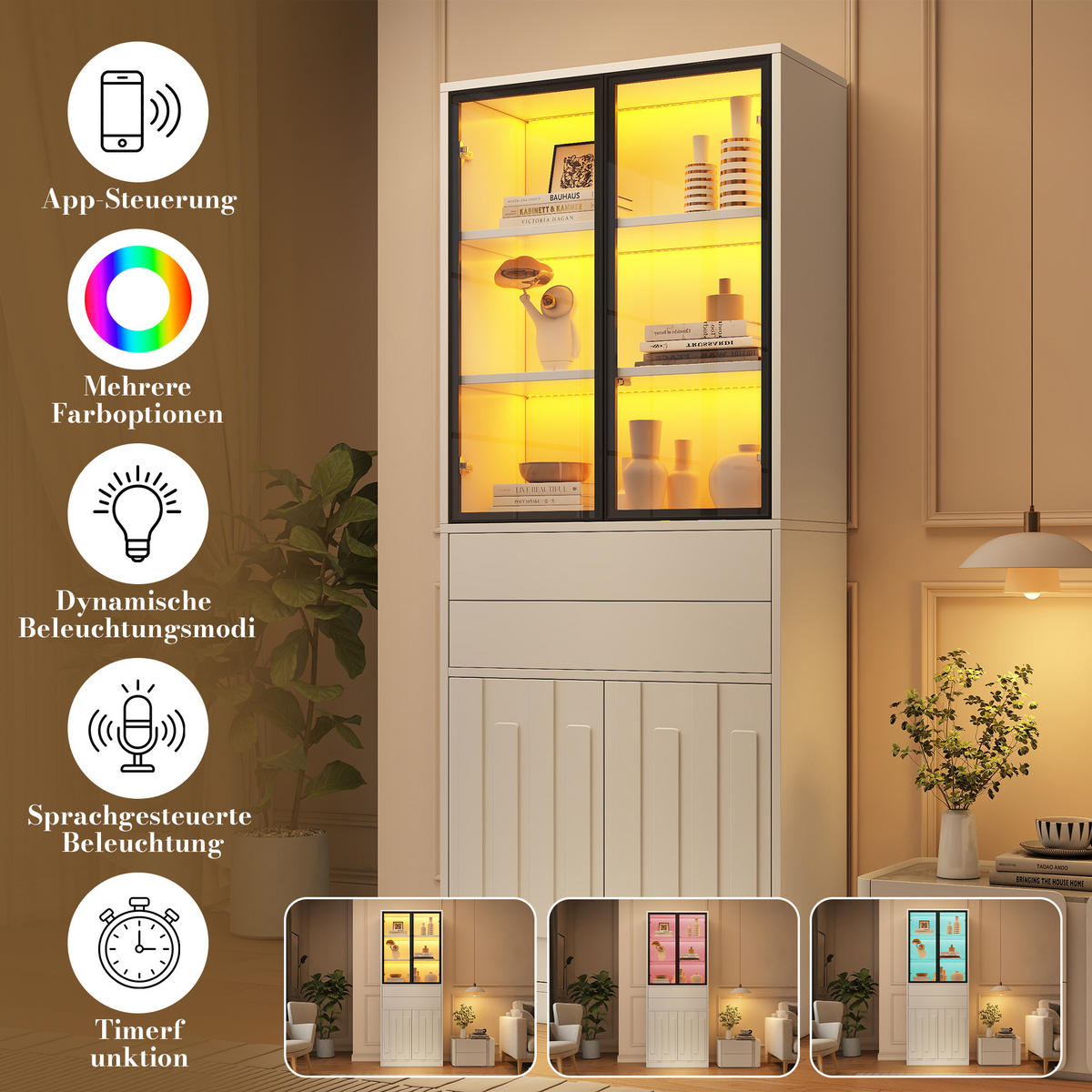 VITRINE 70x34x180 cm Weiß mit LED und 2 Schubladen - Weiß, Holzwerkstoff (70/180/34cm) - FLIEKS