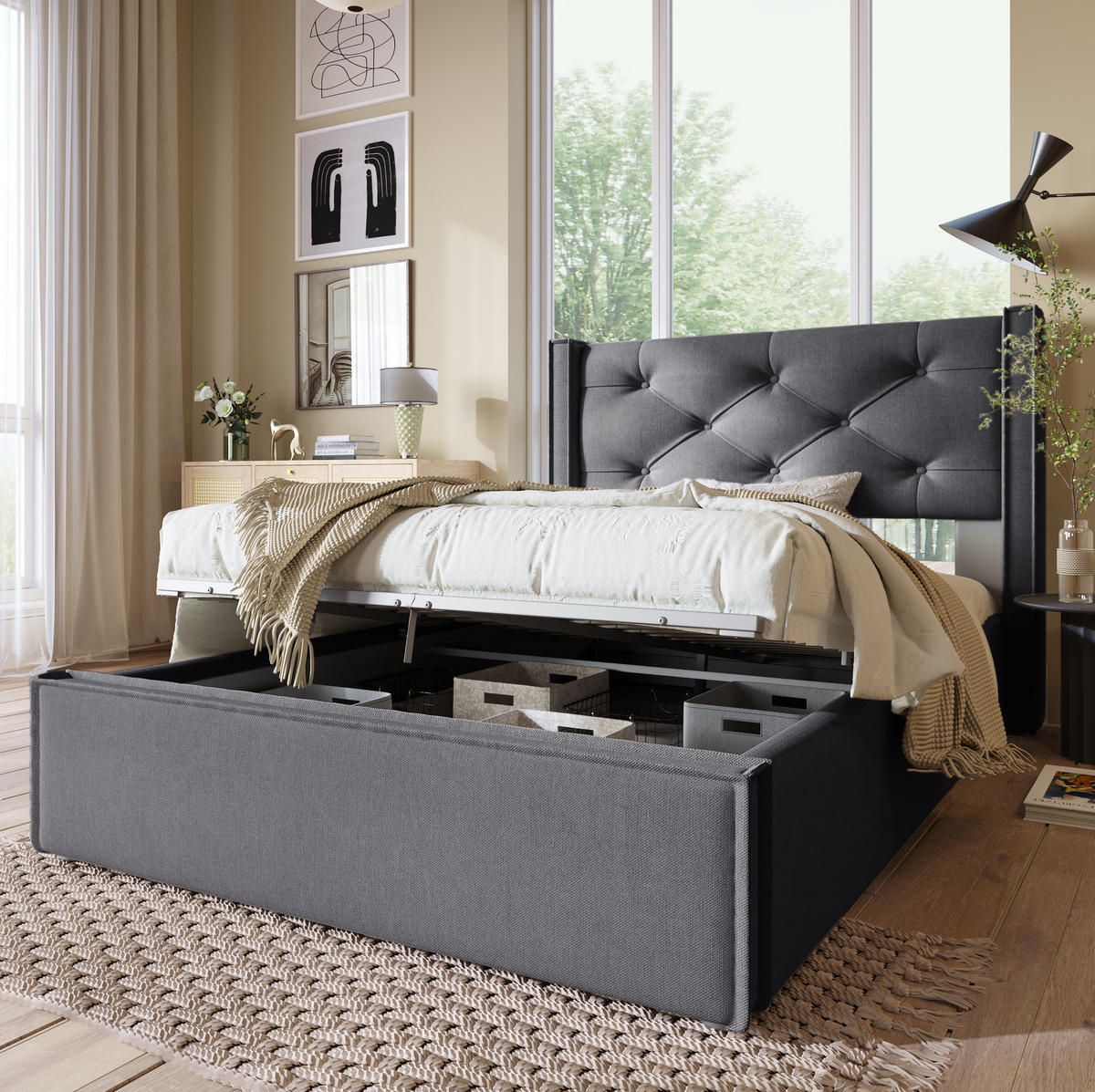 POLSTERBETT 90/200 cm Grau aus Baumwolle mit Stauraum - Grau, Textil (90/200cm) - OKMYHOME