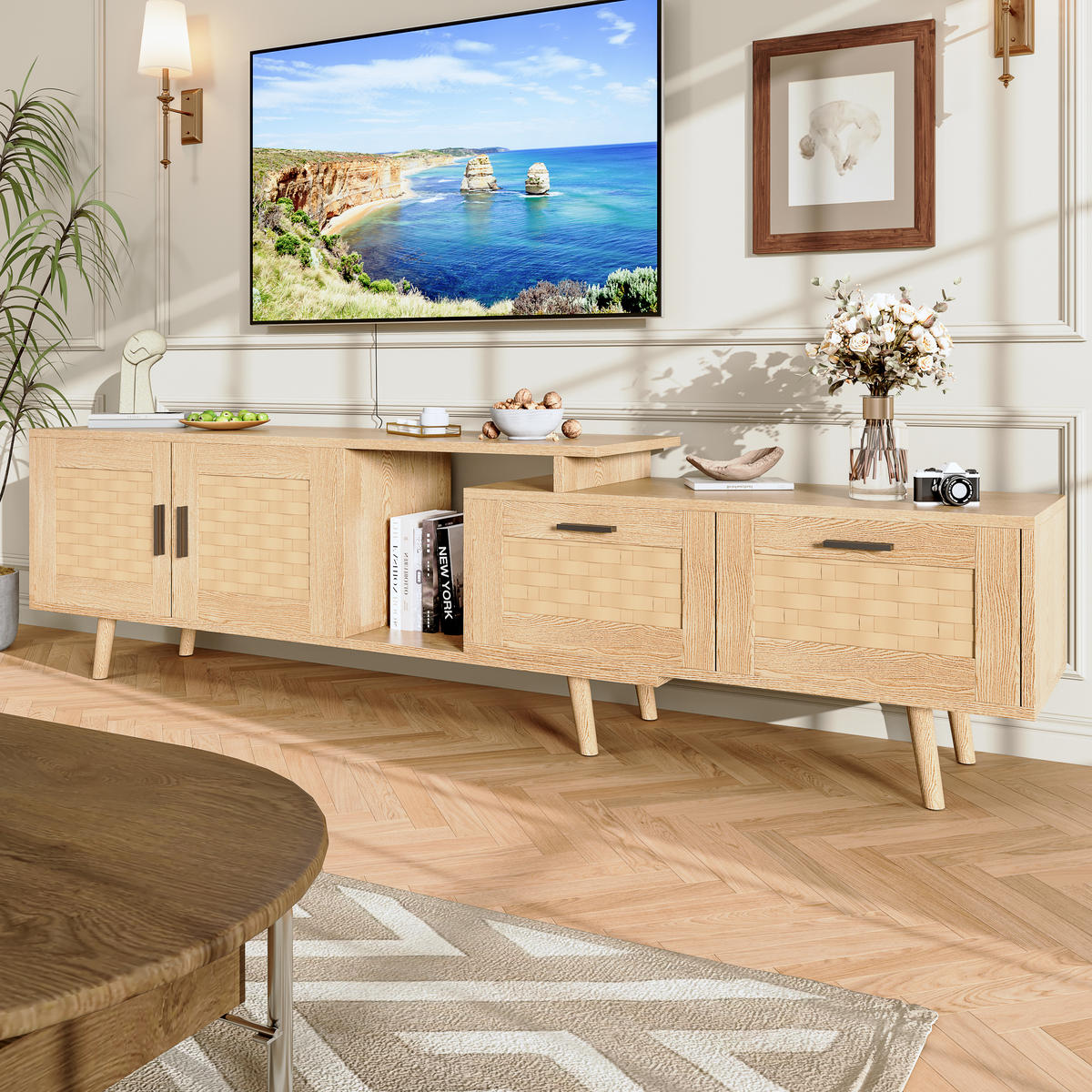 TV-LOWBOARD ausziehbar 146–180 cm, Eiche-Optik mit Rattan-Fronten & Stauraum - Braun, Holzwerkstoff (29.8/44/169cm) - SHOPENTRA