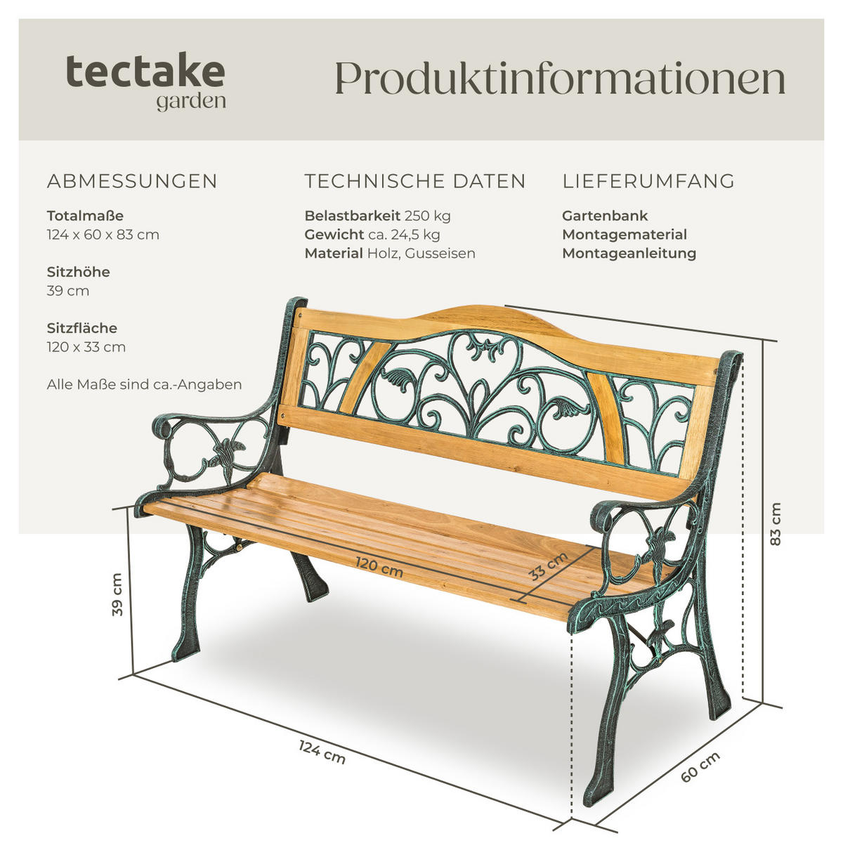 GARTENBANK Kathi,124 x 60 x 83 cm,braun - Braun, Holz (60/38/124cm) - tectake