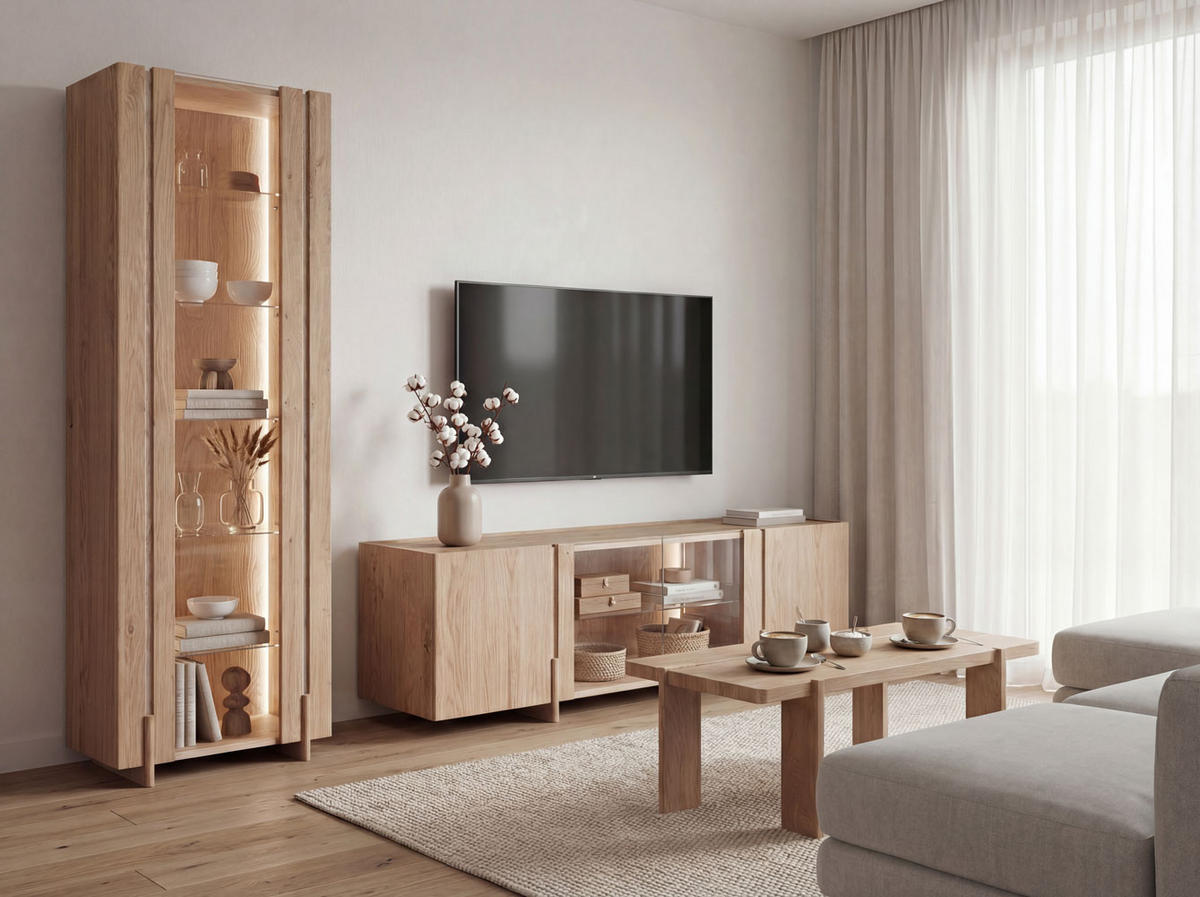 WOHNWAND Travertino 3-tlg Wildeiche Gebleicht 350 / 63 / 206cm mit Travertin Naturstein - Wildeiche/Eiche Bianco, Holz (350/206/63cm) - Feldmann-Wohnen