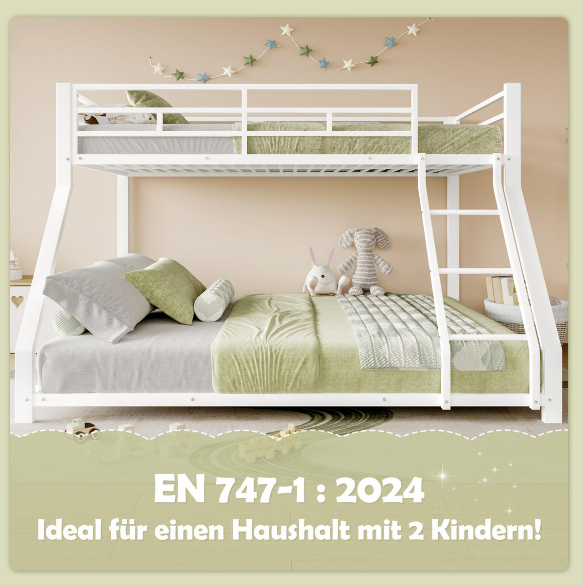 ETAGENBETT 90x200/140x200 cm in Weiß mit Treppe, Geländer und EN 747 Zertifizierung - Weiß, Metall (90/200cm) - IVMEU