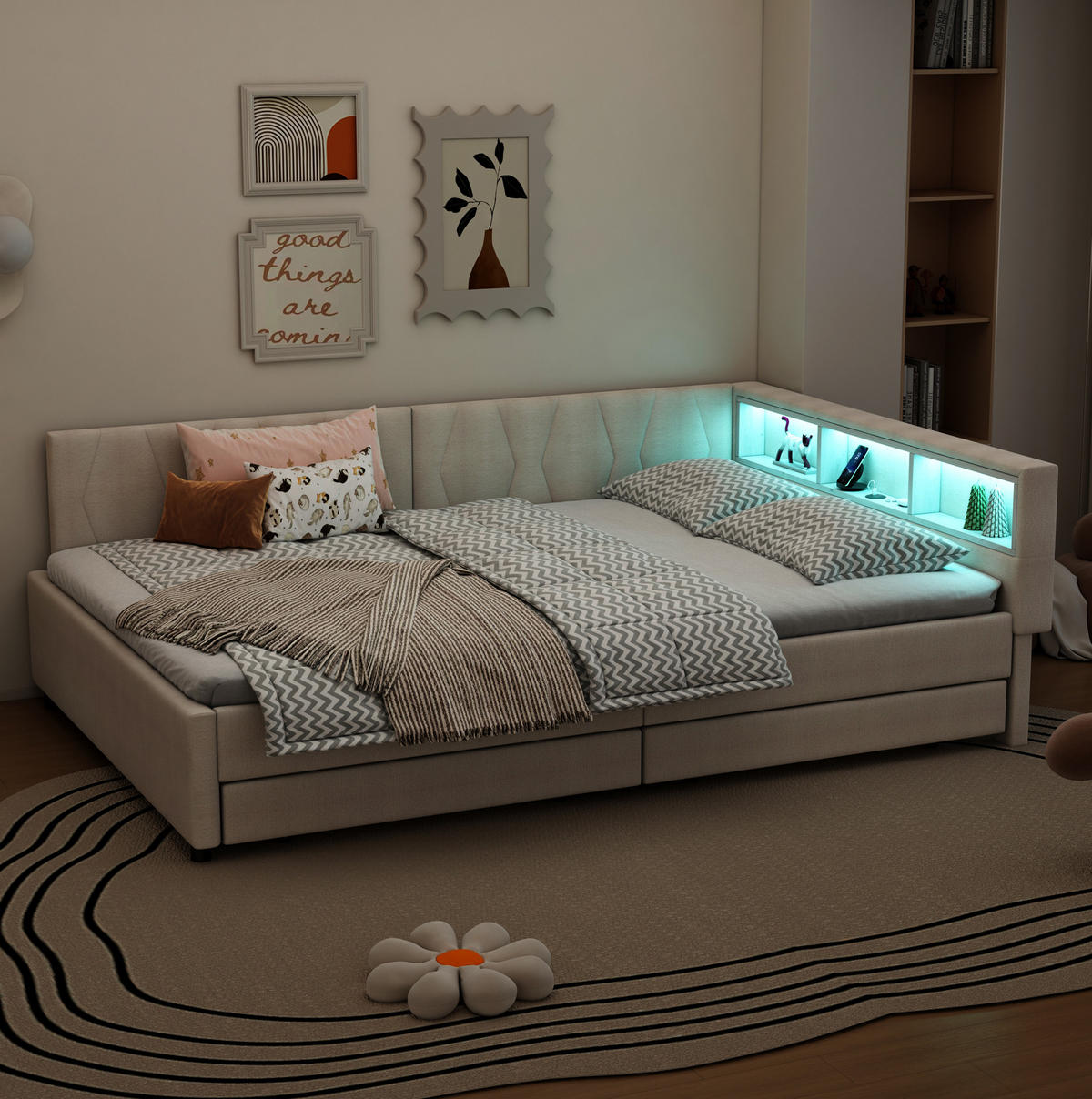 TAGESBETT 140/200 cm aus Leinen mit LED-Lichtleiste, USB-C und Schubladen Beige - Beige, Textil (140/200cm) - Modenvie