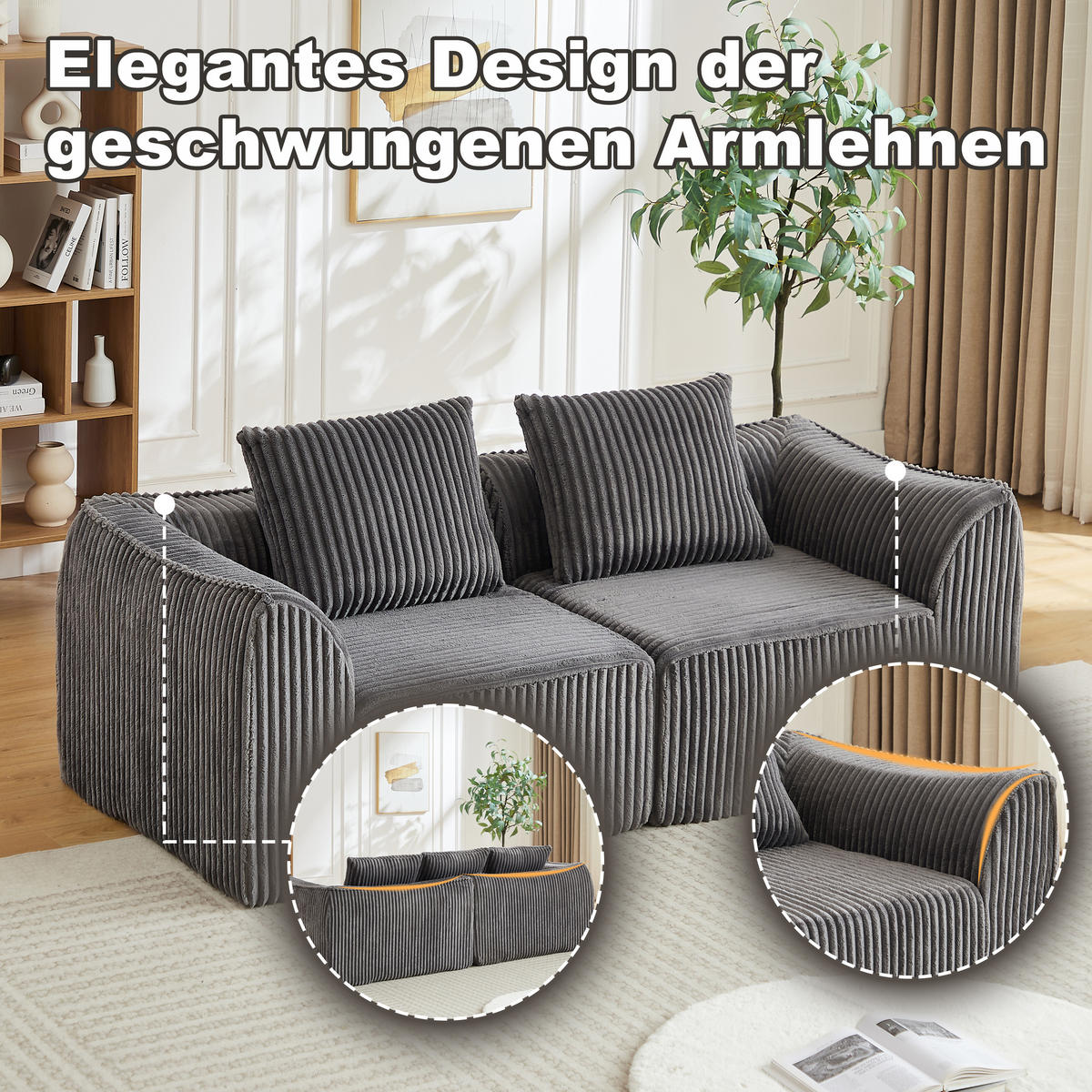 2-SITZER SOFA Cord Grau mit 2 Kissen - Grau, Textil (185/72.5/101cm) - WISHDOR