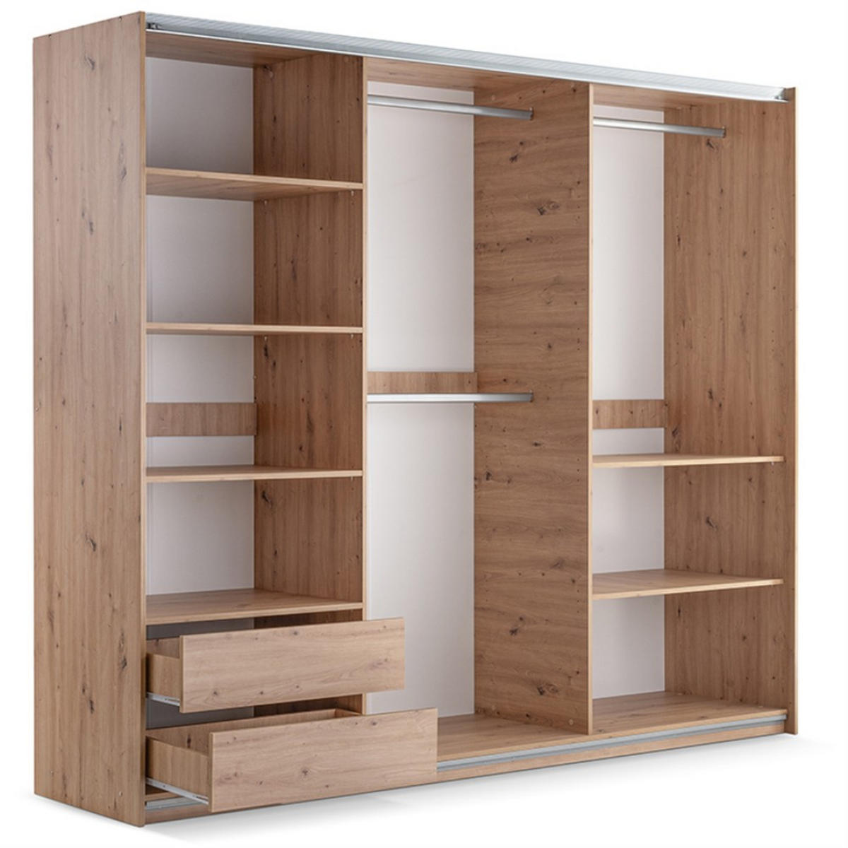 SCHWEBETÜRENSCHRANK Soria mit 2 Türen und Spiegel, 250 cm, Weiß+eiche Wotan - Eiche Wotan/Weiß, Holzwerkstoff (250/215/65cm) - Beautysofa