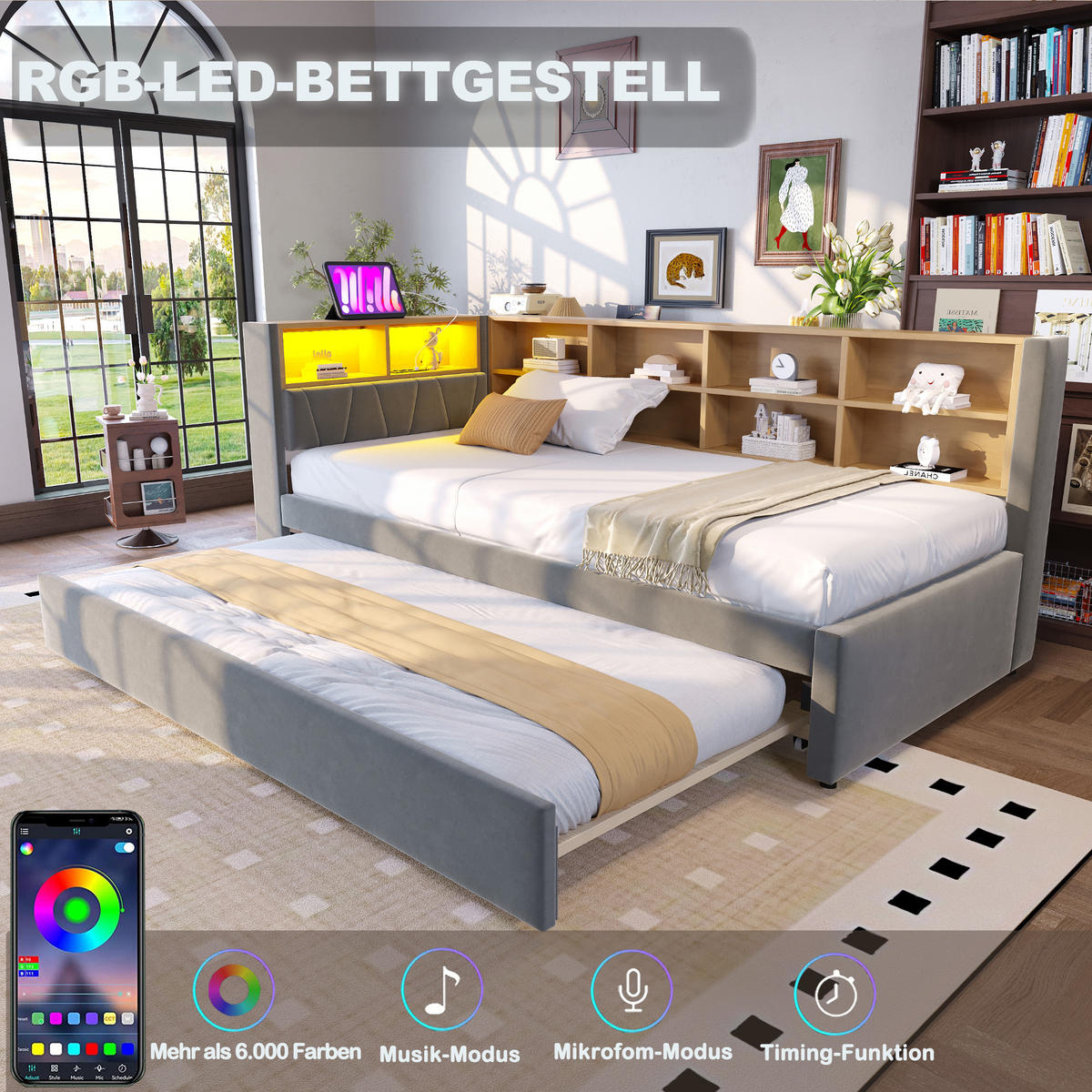 POLSTERBETT 90x200 cm LED USB dunkelgrau - Dunkelgrau, Textil (90/200cm) - LEBENLANG