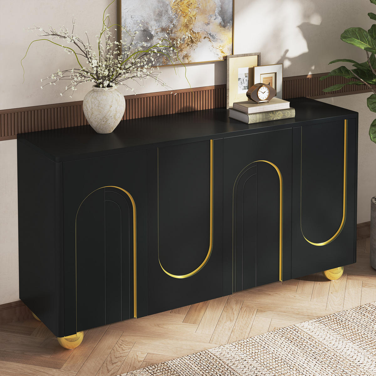 SIDEBOARD 4 Türen Goldlinien Design Kugelfüße Modern Schrank - Schwarz, Holzwerkstoff (140/74/40cm) - FLIEKS