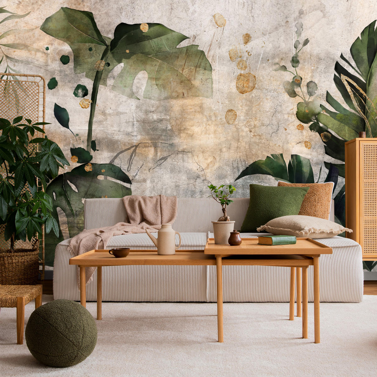 FOTOTAPETE für Schlafzimmer Tropisch Monstera Aquarell Retro 300x210 - Beige/Orange, Papier (300/210cm) - Muralo