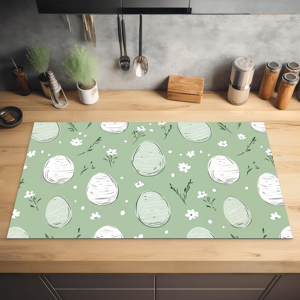 HERDABDECKPLATTE Grün - Eier - Muster Ceranfeldabdeckung 90x52 cm - Waldgrün, Kunststoff (90/52/0.2cm) - MuchoWow