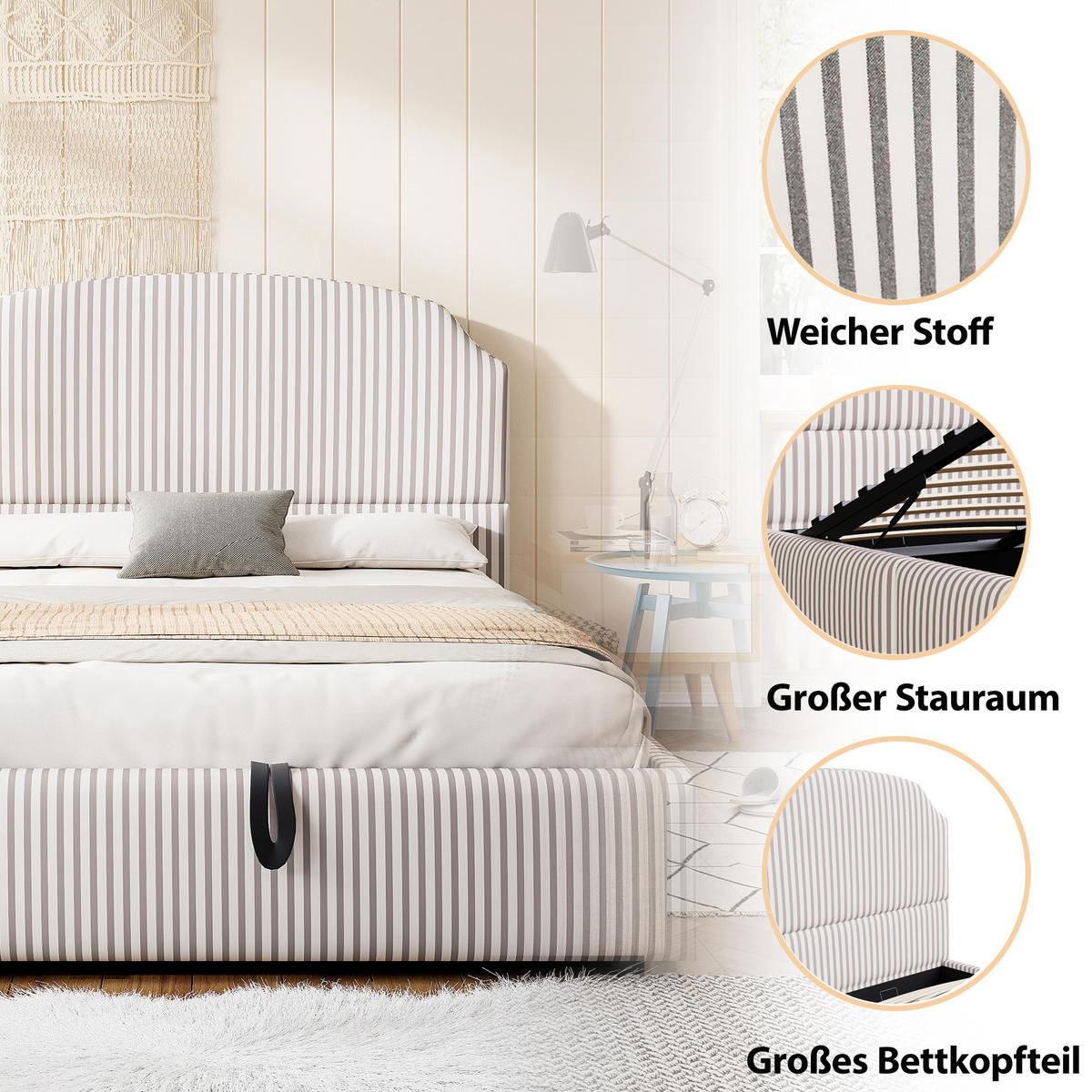 POLSTERBETT 140/200 cm Weiß Anthrazit mit hydraulischem Stauraum und Streifenstoff - Weiß, Textil (140/200cm) - OKWISH