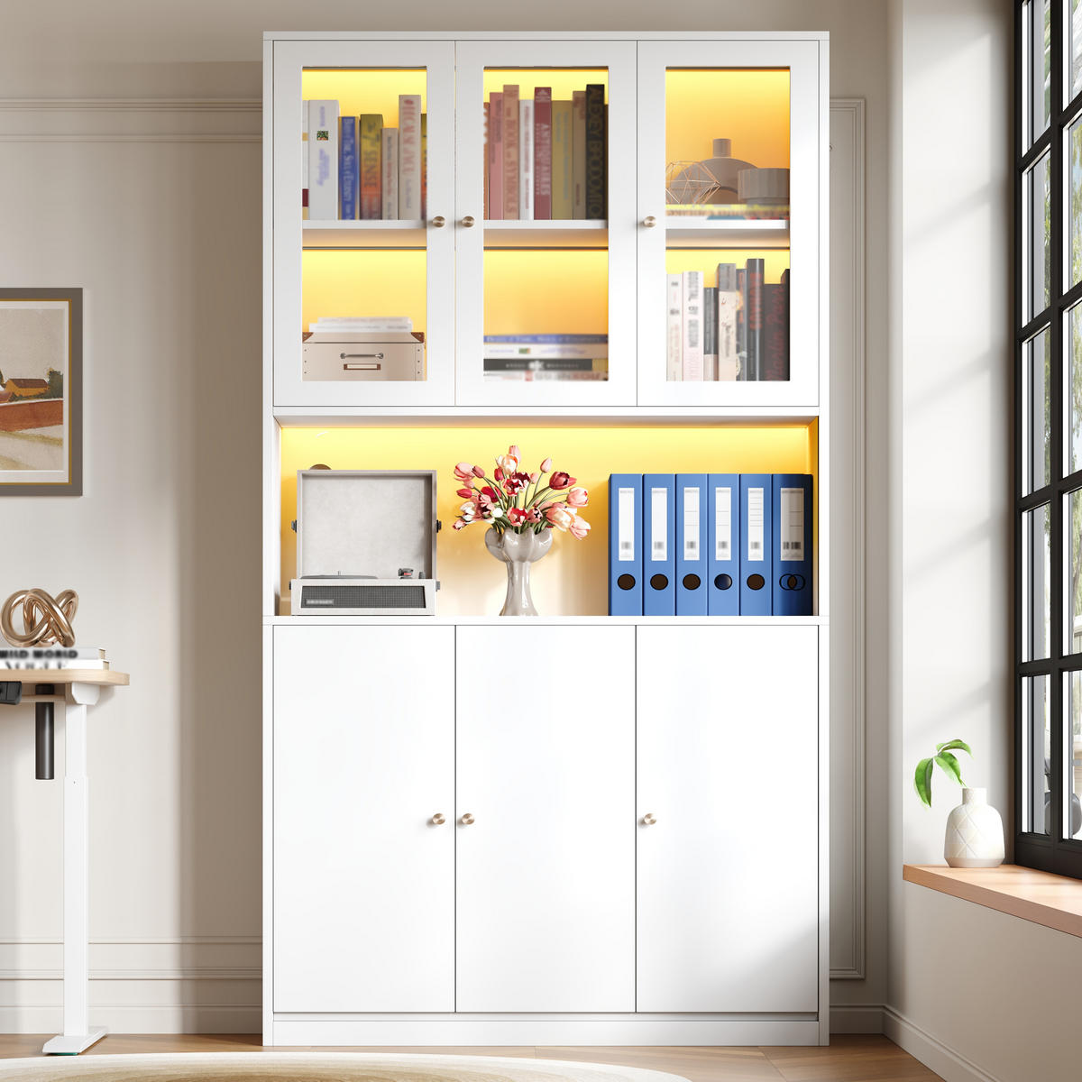 HIGHBOARD mit Glastüren 100/35/200 cm in Weiß mit LED-Beleuchtung - Weiß, Holzwerkstoff (100/200/35cm) - BEAOK