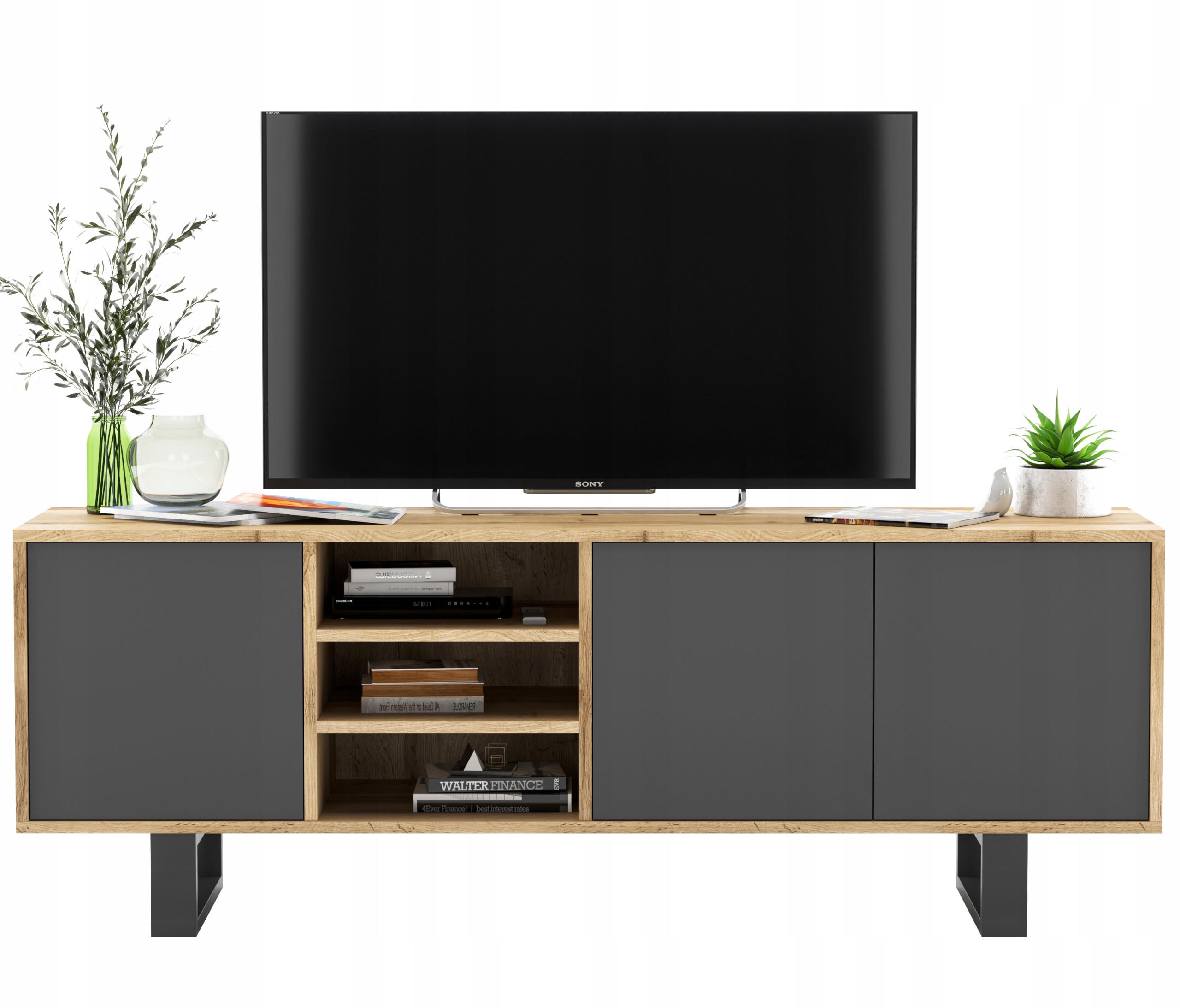 Meble Lindner TV stolek Apollo dub Wotan / grafit matný 150 cm s kovovými nohami
