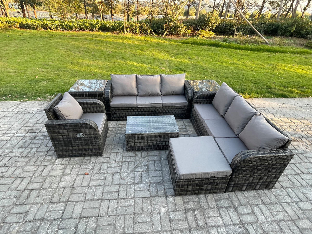 GARTENMÖBEL-SET mit Kissen Polyrattan Dunkelgrau 8-Sitzer - Dunkelgrau/Grau, Glas/Kunststoff - Fimous
