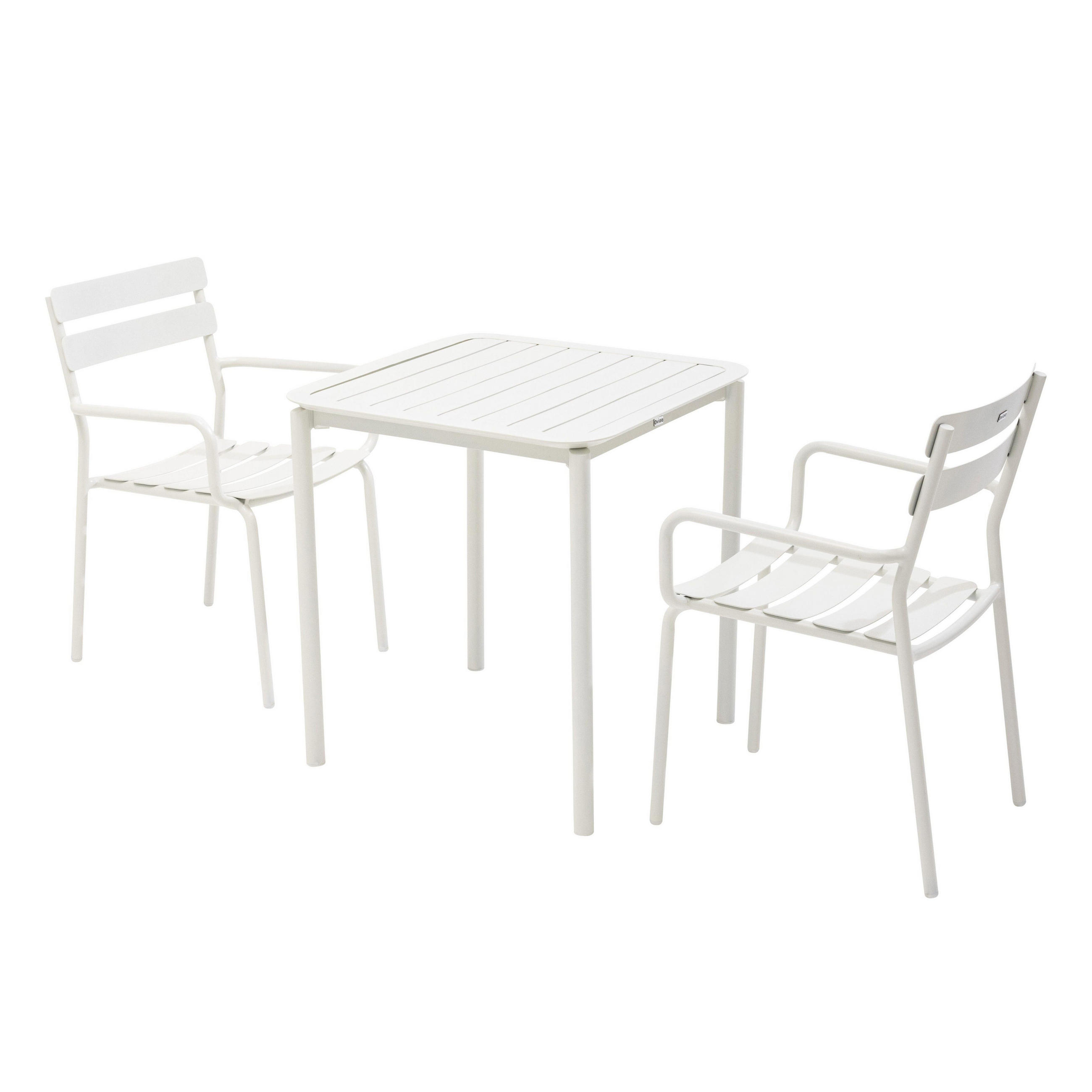 GARTENSET, quadratisch (70 x 70cm) und 2 Sessel, Weiß - Weiß, Metall - Oviala