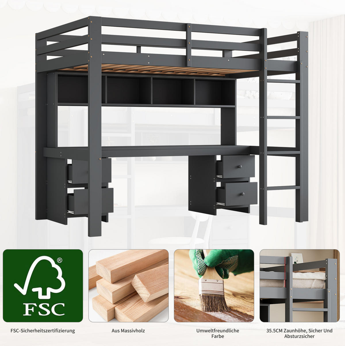 HOCHBETT 90/200 cm Grau aus Kiefernholz und MDF mit Schreibtisch und Stauraum - Grau, Holz (90/200cm) - OKMYHOME