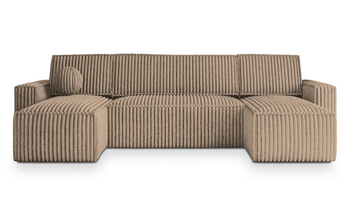 WOHNLANDSCHAFT PESANO T Beige Kordstoff mit Schlaffunktion - Beige, Holz (306/85/140cm) - MASSENO