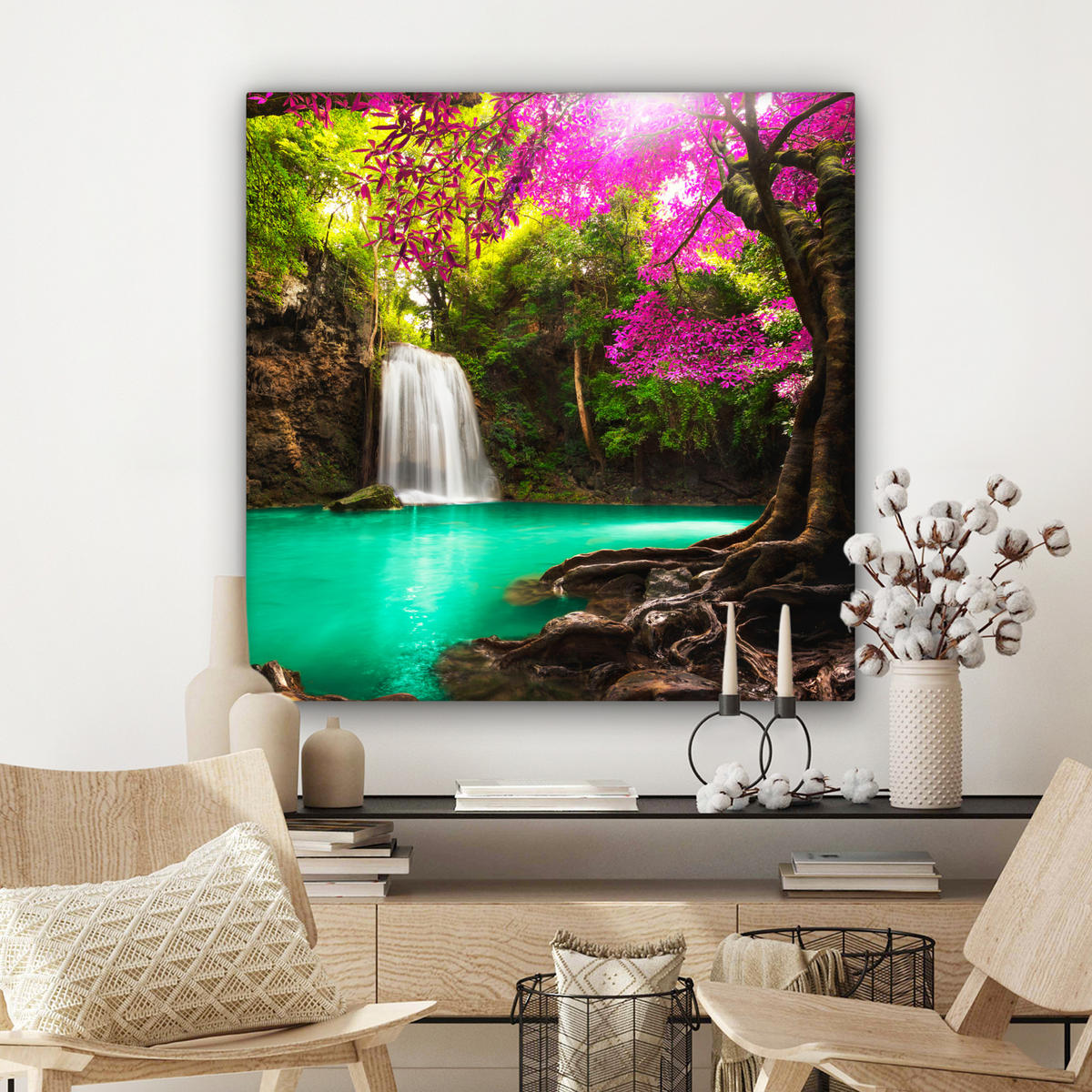 LEINWANDBILD Wasserfall mit bunten Blumen und Bäumen - Natur - Dschungel Deko Groß 90x90 cm - Waldgrün, Textil (90/90cm) - MuchoWow