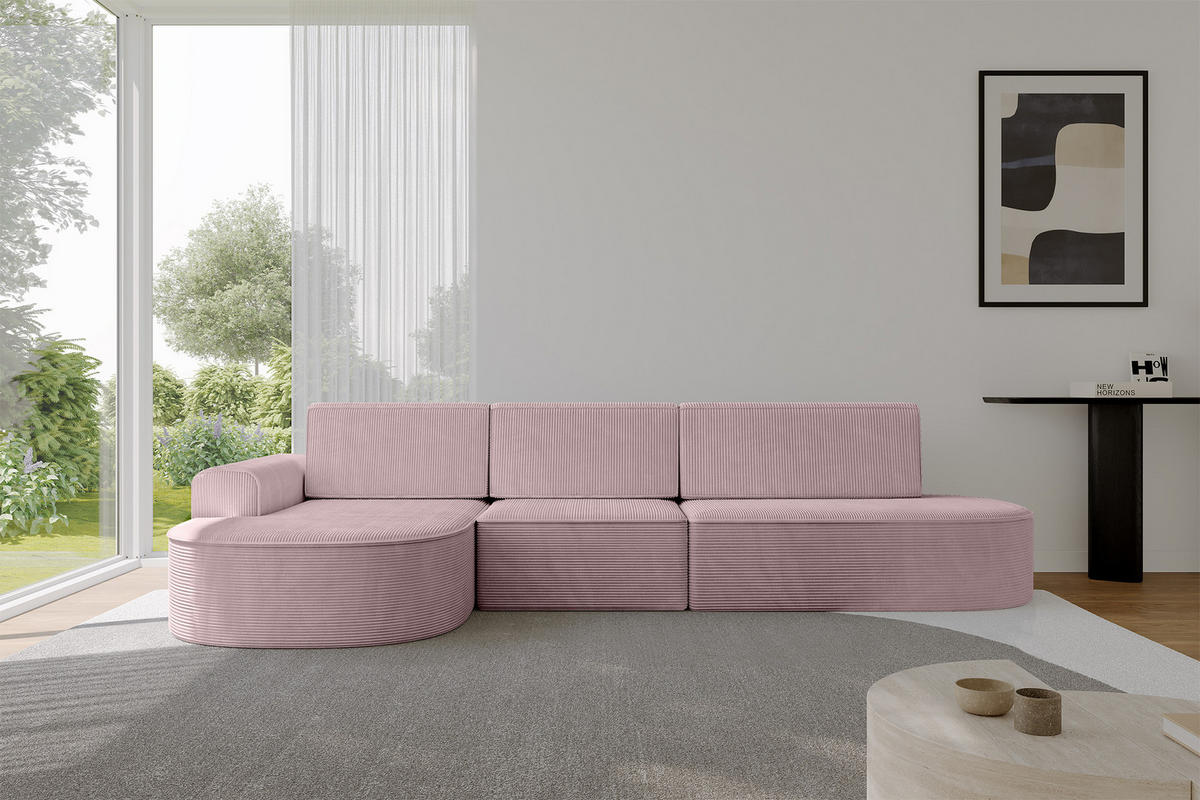 ECKSOFA mit Schlaffunktion Ottomane Links MARI L2-S 368X167X85 Rosa Cord - Schwarz/Rosa, Holzwerkstoff/Kunststoff (368/167cm) - ALTDECOR