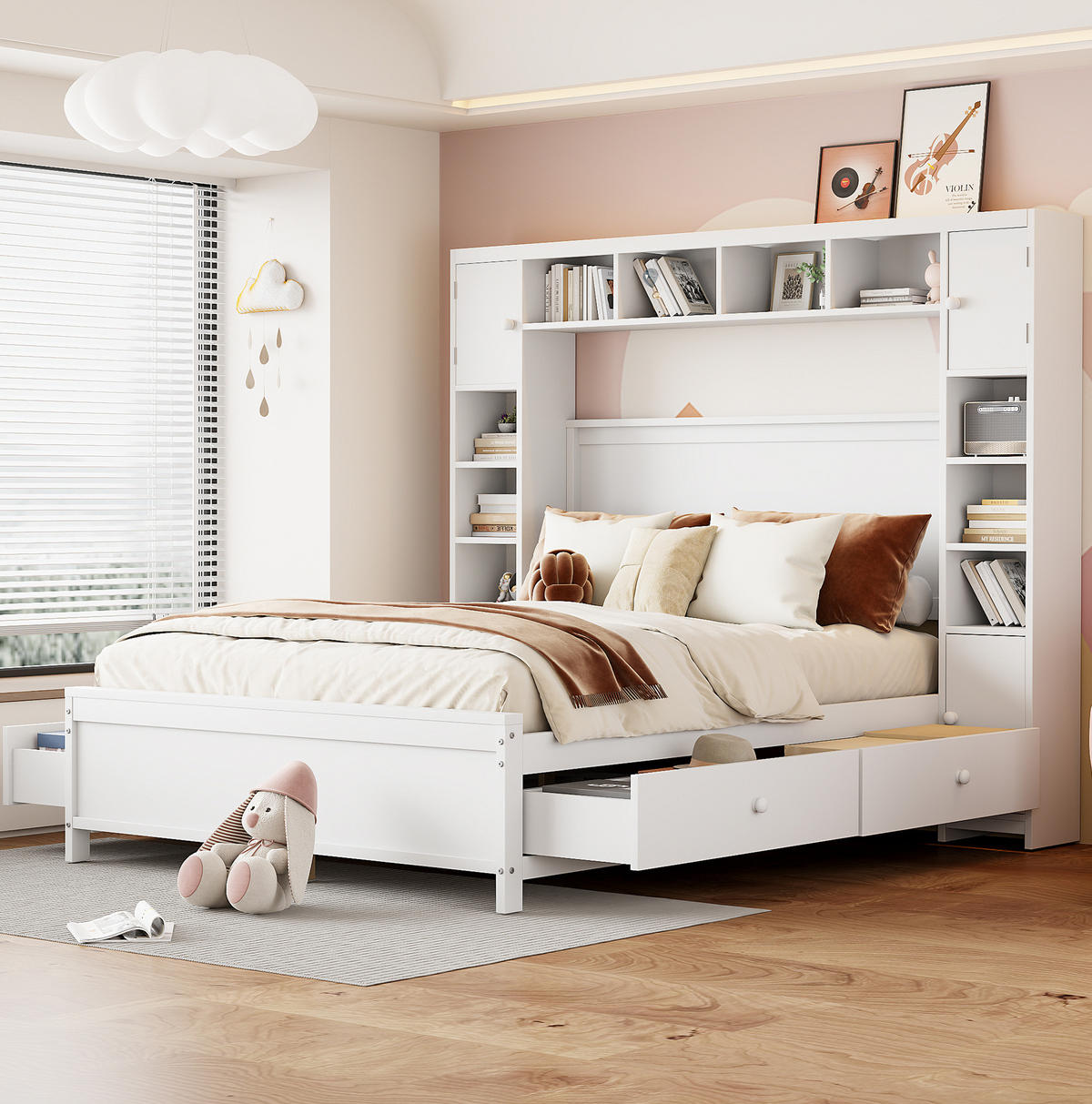 STAURAUMBETT 140x200 cm Weiß mit 4 Schubladen, Stauschrank und Lattenrost - Weiß, Holzwerkstoff (140/200cm) - Modfu