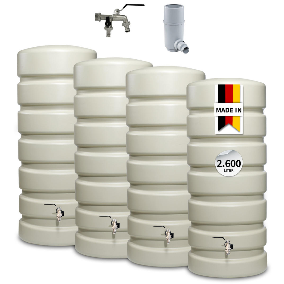 REGENTONNE Wandtank-SET Komplett-Set 2600 L, sandbeige 4 x 650 L, inkl. Verbinder und Fallrohranschluss - Beige, Kunststoff (320/192/60cm) - 4rain