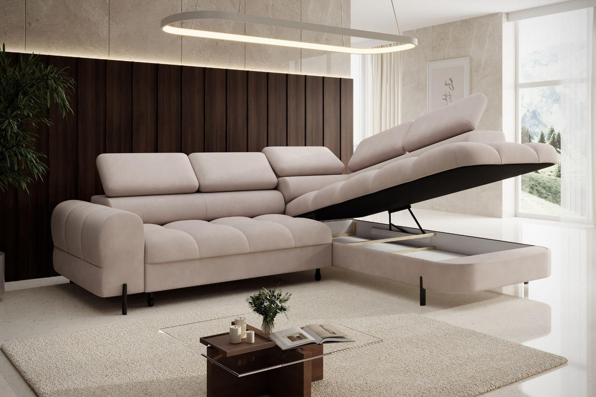 ECKSOFA BOWL L Rechts mit Schlaffunktion 125x195 Velours Creme - Creme/Schwarz, Holz/Textil (195/260cm) - Muffo
