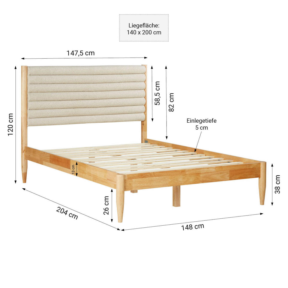 POLSTERBETT mit Matratze 140/200 cm in Beige - Naturfarben, Holz (140/200cm) - Homestyle4u