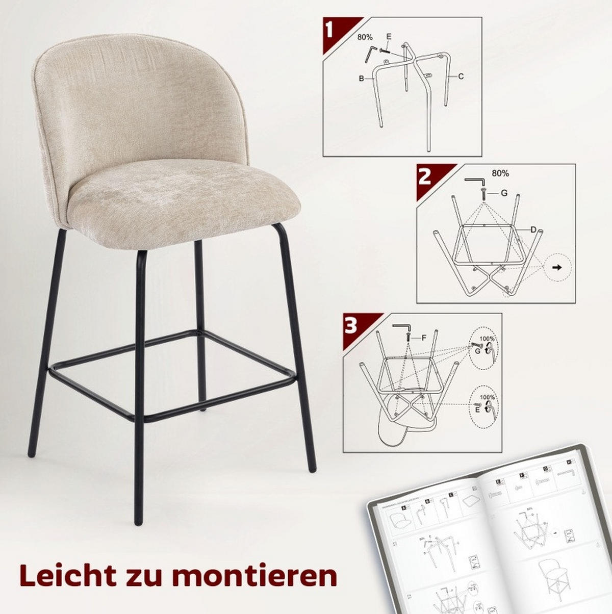 BARHOCKER 2er-Set mit Rückenlehne 48 cm Polyester Beige - Beige, Metall (50/93/55cm) - Meubliv
