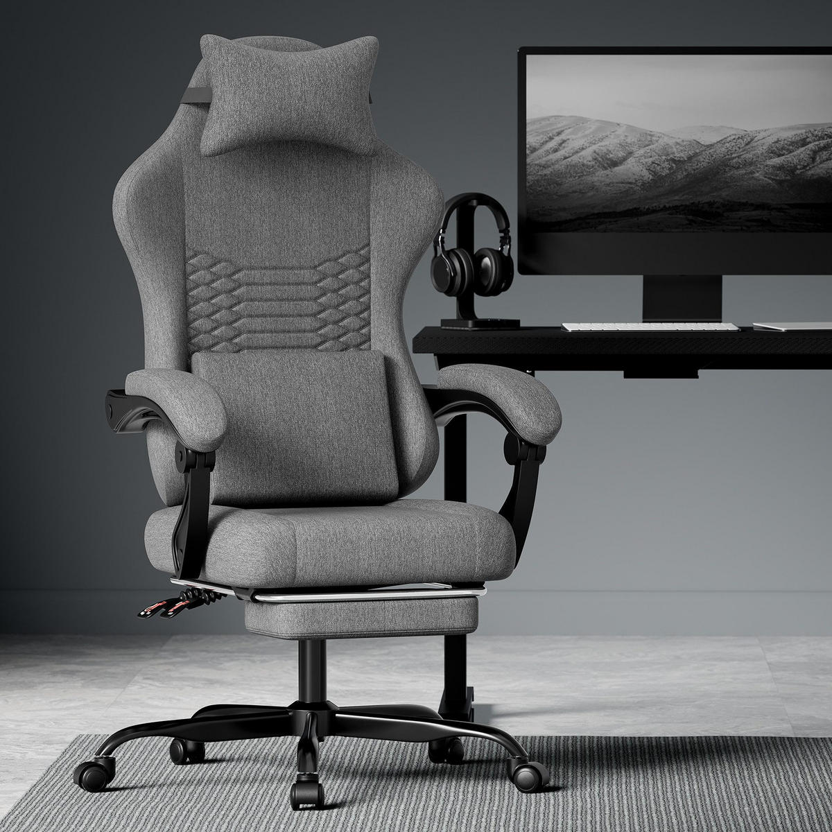 GAMING-STUHL ergonomischer, Bürostuhl mit Fußstütze & Lendenstütze - Grau, Textil (65/114/65cm)