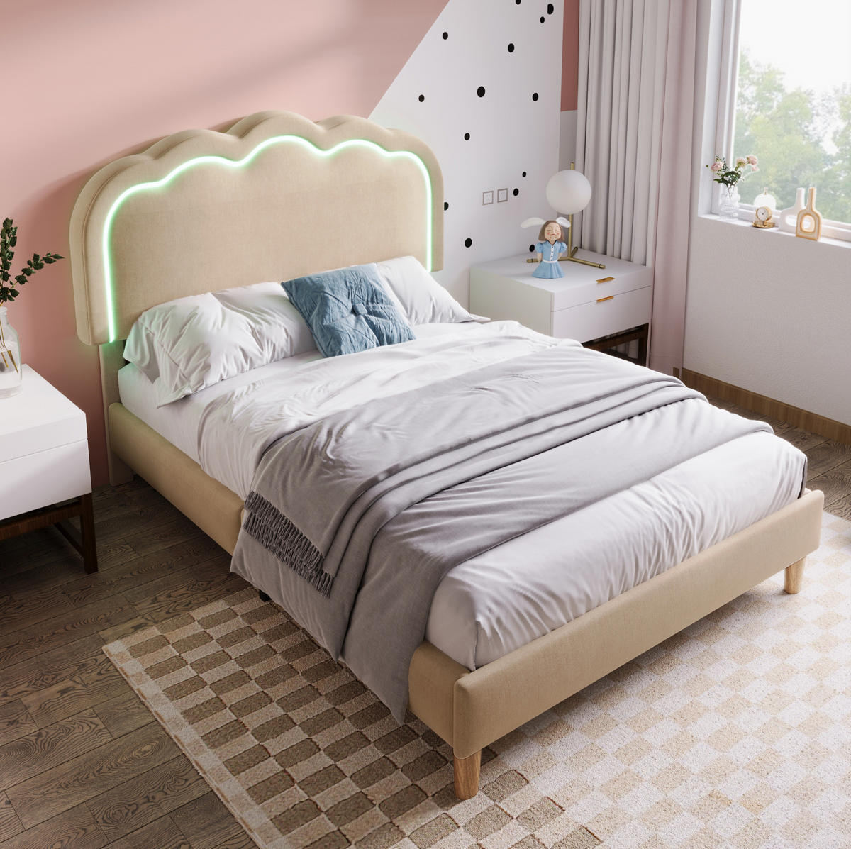 POLSTERBETT aus Leinen 90x200 cm in Beige mit LED & verstellbarem Kopfteil - Beige, Textil (90/200cm) - Modfu