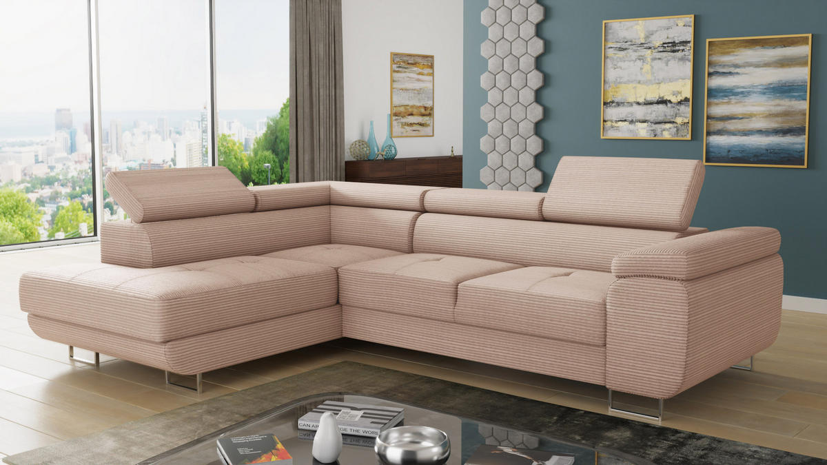 ECKSOFA Caris Cord, Seite: Links - Rosa, Holz/Textil (273/203cm) - Sofnet