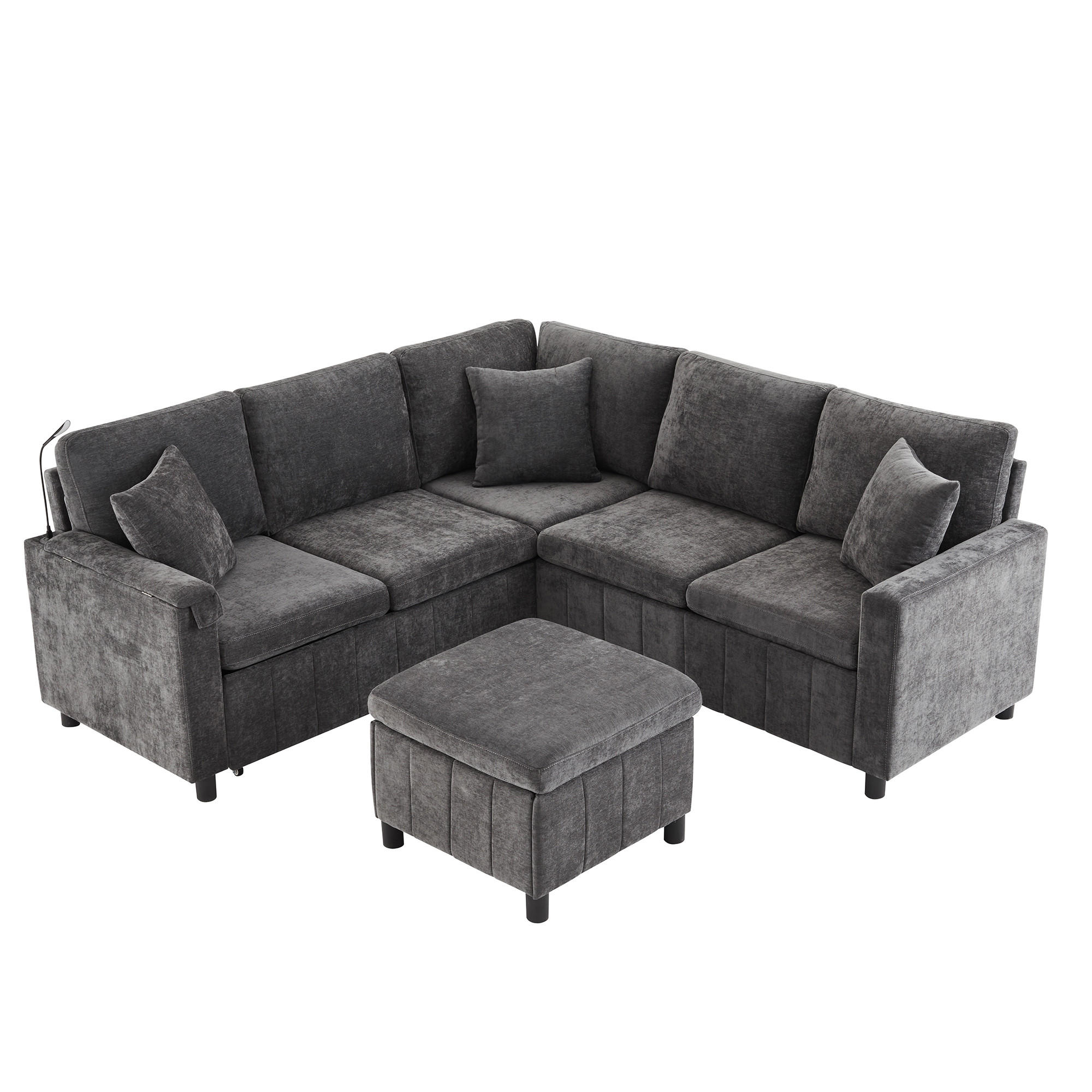SITZGARNITUR Chenille Grau mit Schlaffunktion, Hocker, USB, Type-C und Tisch - Grau, Holzwerkstoff/Kunststoff (205/85/205cm) - WISHDOR