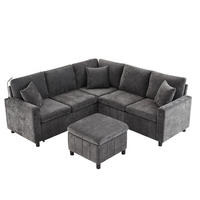 SITZGARNITUR Chenille Grau mit Schlaffunktion, Hocker, USB, Type-C und Tisch - Grau, Holzwerkstoff/Kunststoff (205/85/205cm) - WISHDOR