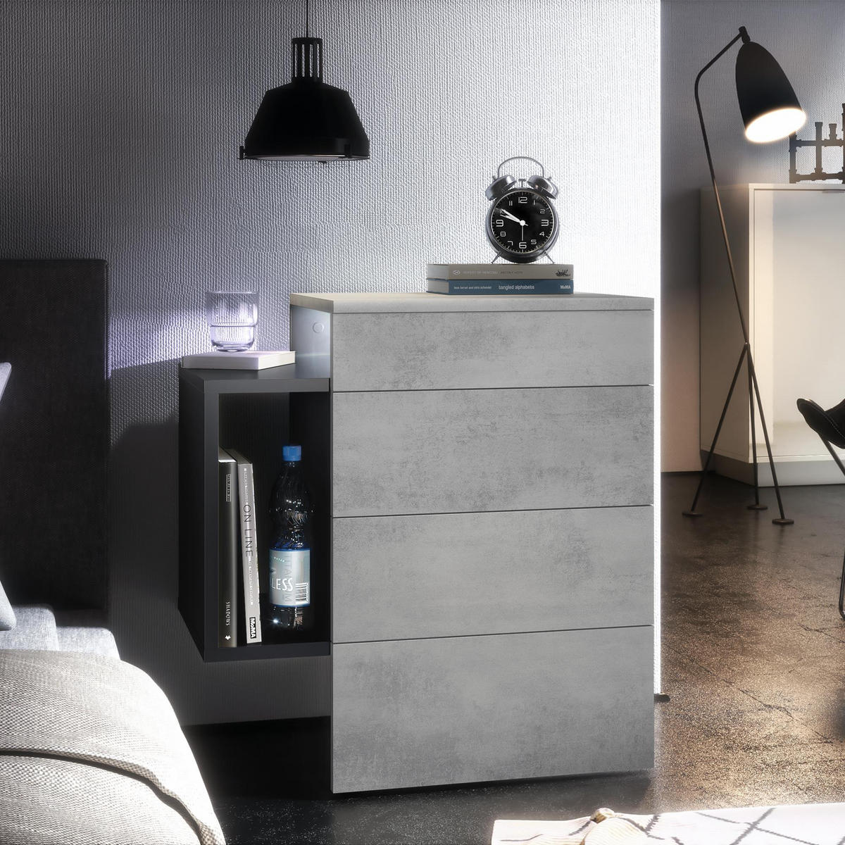 NACHTTISCH Queens Front in Beton Oxid Optik - Hellgrau, Holzwerkstoff (60/63/36cm) - Vladon