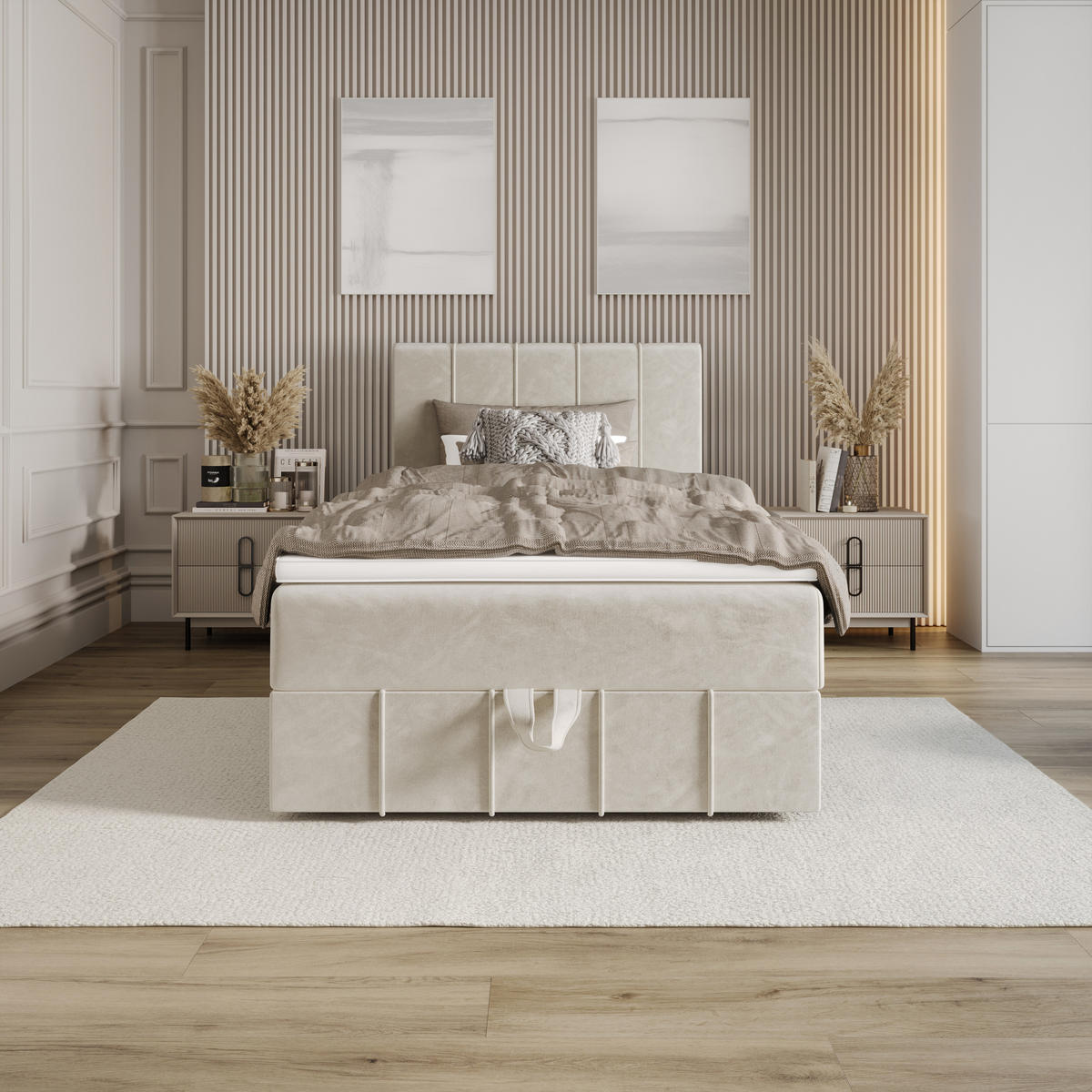 BOXBETT BAHAMA 100x200 Monolith 02, mit Matratze H3 und Topper, Creme - Creme, Holz/Kunststoff (100/200cm) - Bedante
