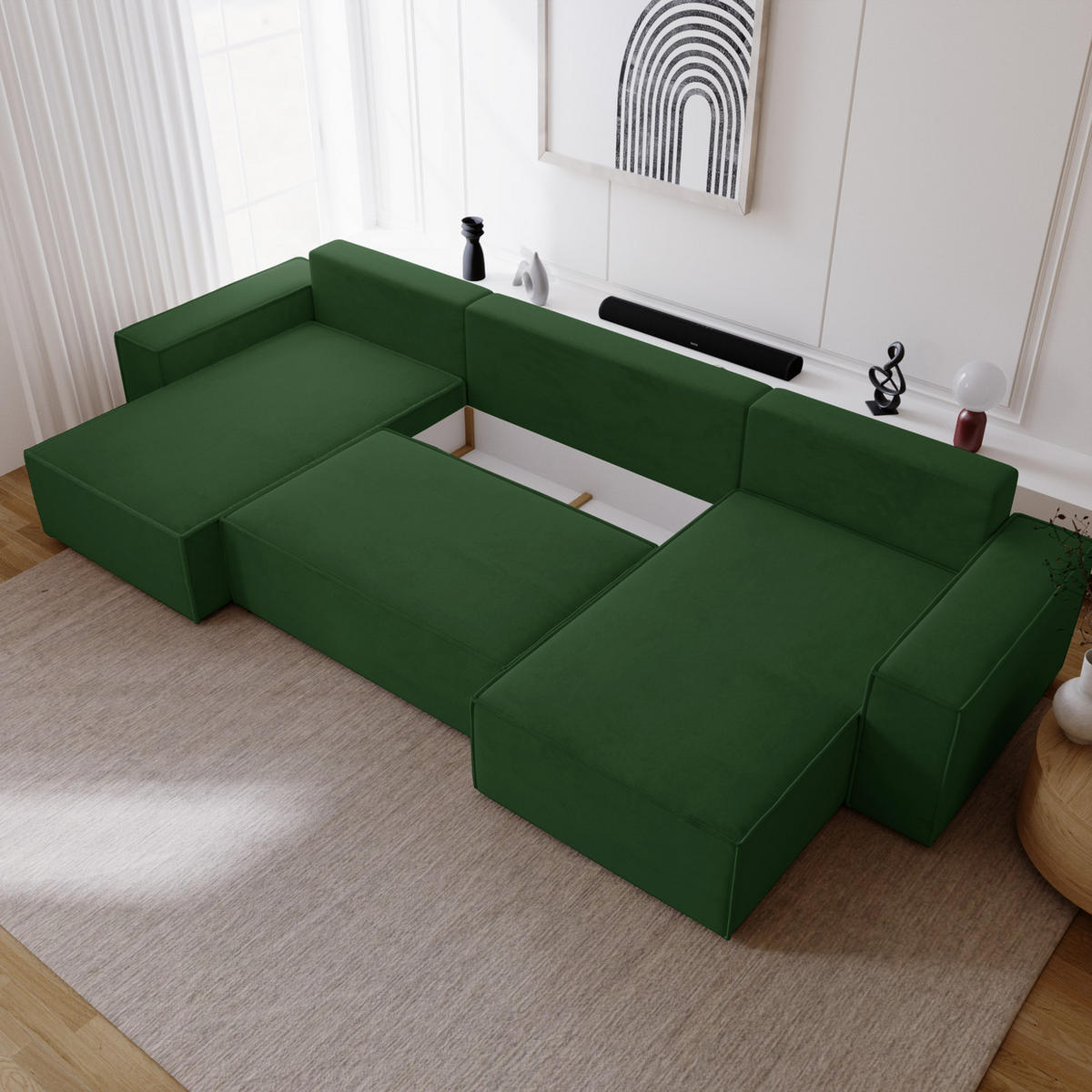 ECKSOFA 380 cm Bergamo U mit Bettkasten, Samt, Grün - Grün, Holz (377/189cm) - Emporius
