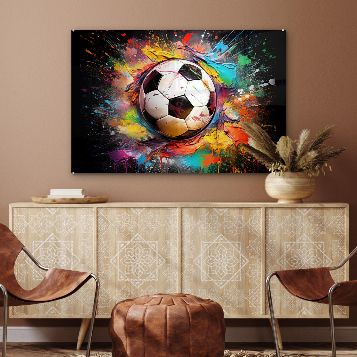 ACRYLGLASBILD Fußball - Farbe - Farben - Schwarz - Weiß 120x80 cm - Weiß, Glas (120/80cm) - MuchoWow