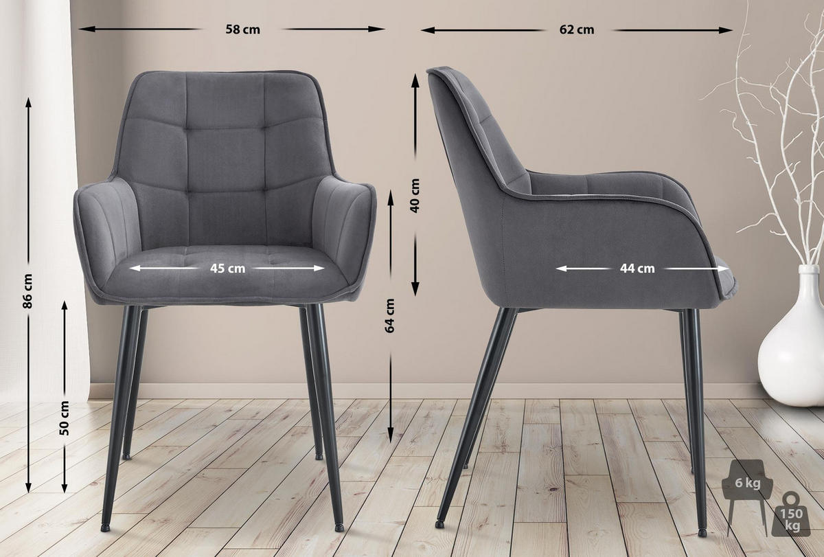 ESSZIMMERSTUHL 2er Set Samt Dunkelgrau - Dunkelgrau/Schwarz, Textil/Metall (58/86/62cm) - CLP