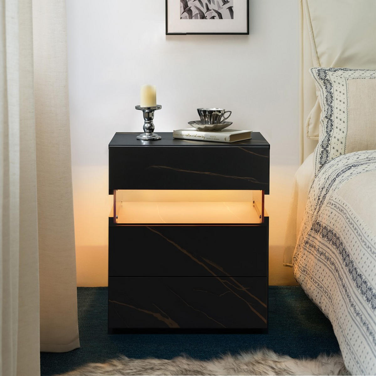 NACHTSCHRANK LED 3 Drawer Schwarz-Gold - Goldfarben/Schwarz, Holzwerkstoff (38/61/48cm)