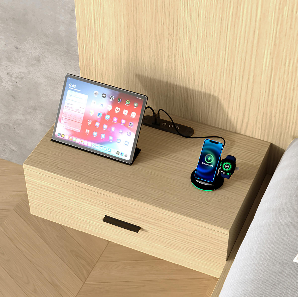 MANŽELSKÁ posteľ 180/200 cm svetlý dub s úložným priestorom a USB/USB-C z MDF - farba duba, kompozitné drevo (180/200cm) - OKWISH