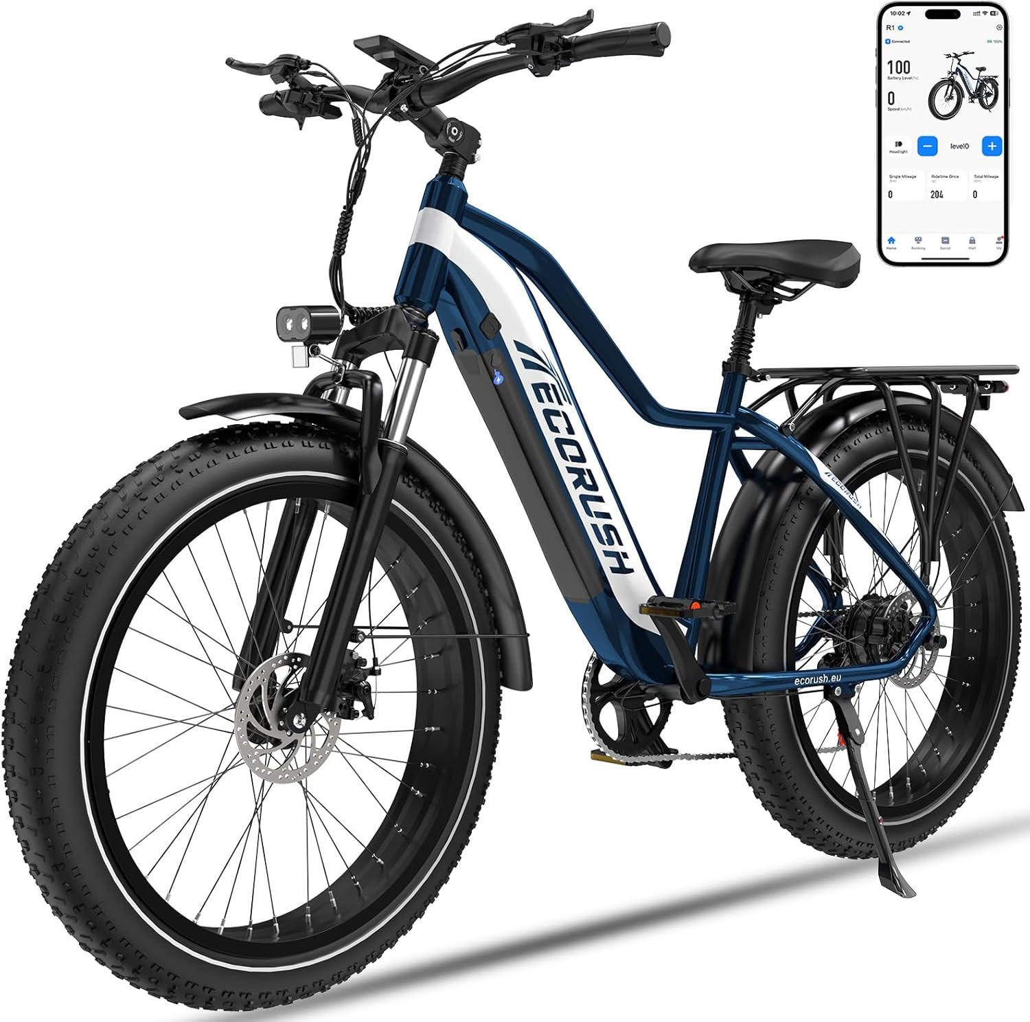 E-BIKE R1 48V-20Ah-Akku mit App 150 km Maximalreichweite - Blau, Metall (87cm) - ECORUSH