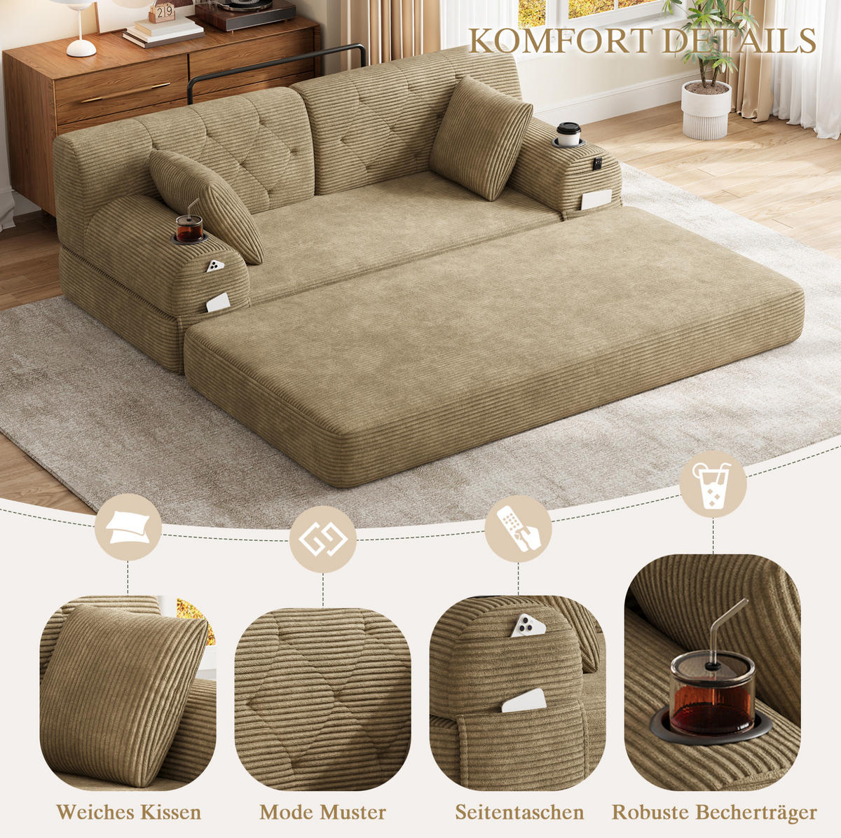 SCHLAFSOFA mit hoher Rückenlehne 168 x 80 x 81 cm Cord Khaki - Braun, Kunststoff (80/81/168cm) - Meubliv