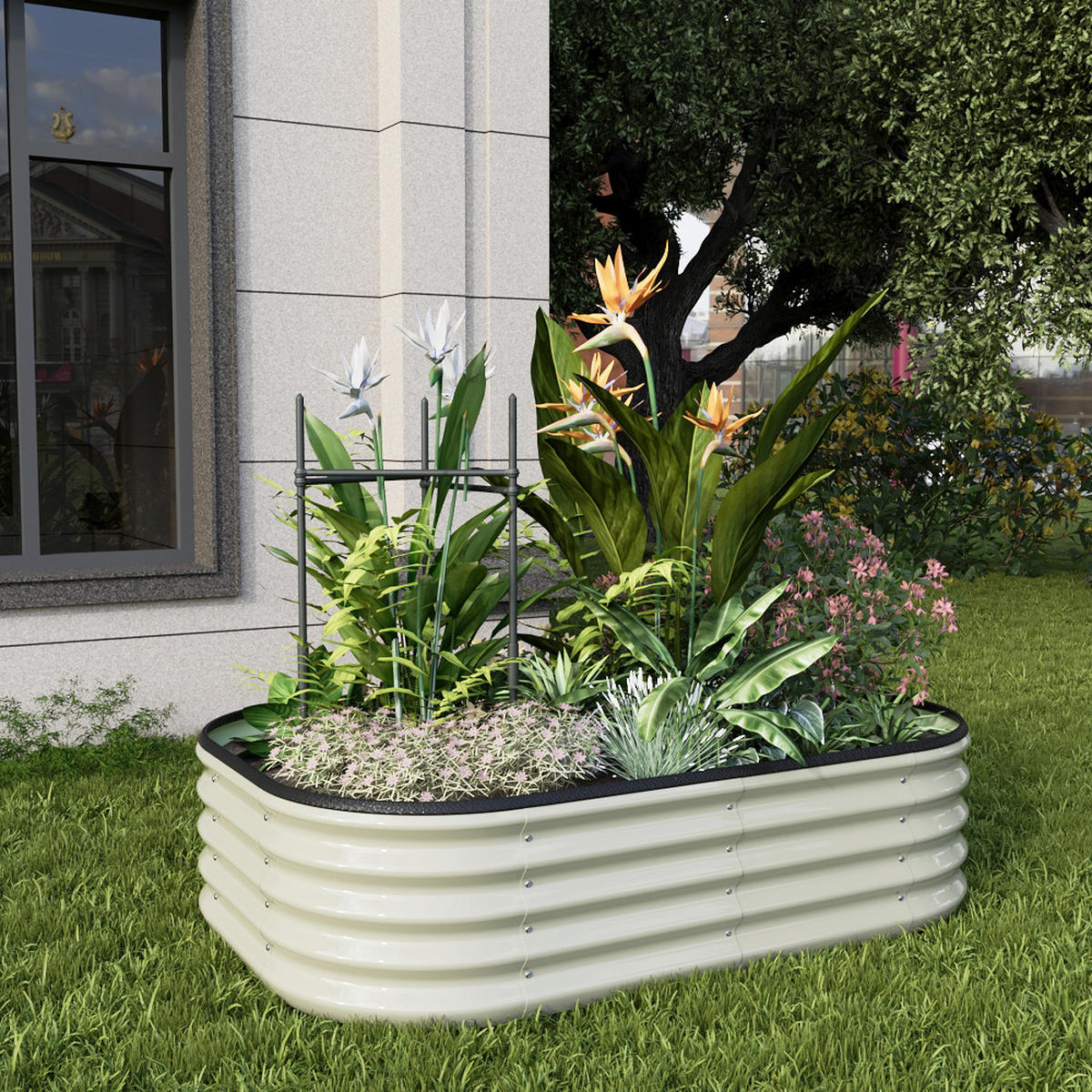 HOCHBEET-PFLANZKASTEN mit Pflanzenstütze aus verzinktem Stahl in Weiß Ovalen Blumenkasten für Garten Balkon 120 × 80 × 30 cm 5,3 kg - Weiß, Metall (80/30/120cm) - Livingandhome