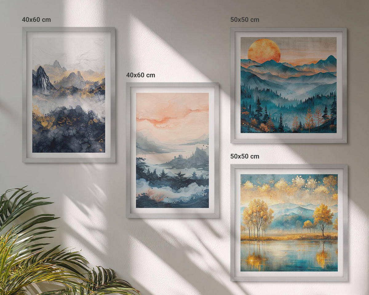BILDER SET 4er Set - 50x50 cm & 40x60 cm Silberner Rahmen - Gemalte Abstraktionen der Natur - Silberfarben, Kunststoff (50/50cm) - TULUP