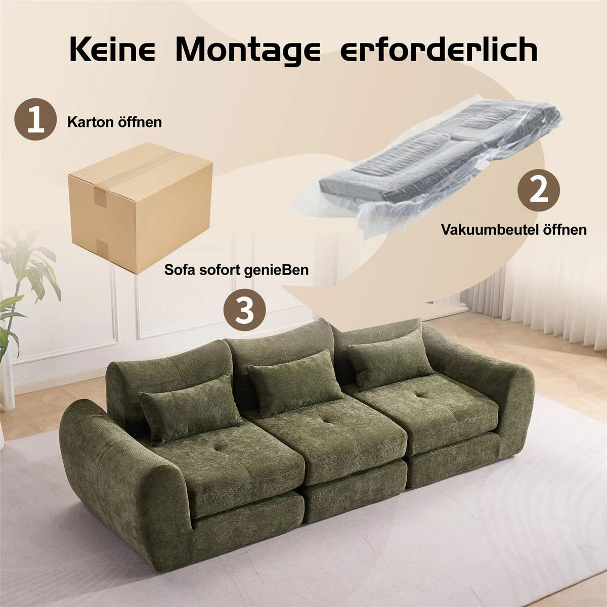SCHLAFSOFA 3-Sitzer Chenille, Modernes Lounge Sofa ohne Aufbau, Grün - Grün, Textil (262/78/97cm) - Kaket