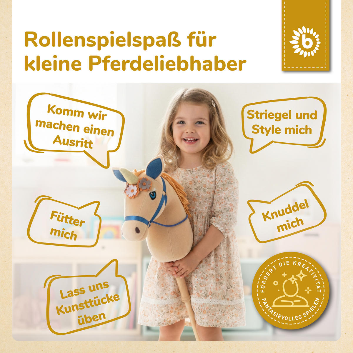 STECKENPFERD Holz Einhorn Magic - Beige, Textil (24/100cm) - Bieco Spielwaren