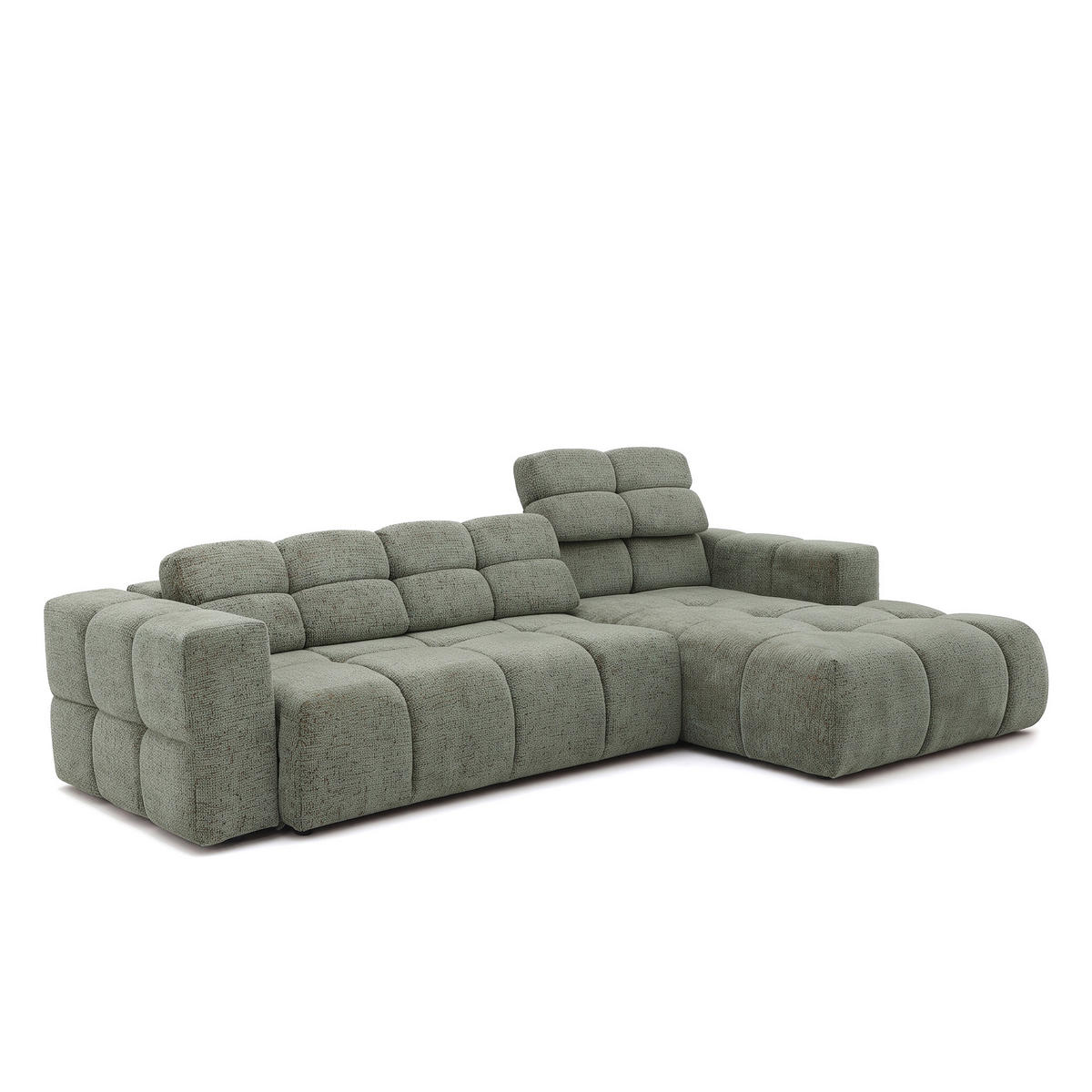 ECKSOFA TENDER Rechts mit Schlaffunktion und Verstellbare Kopfstützen, Chenille hellgrün - Schwarz/Hellgrün, Holz/Kunststoff (176/315cm) - Muffo
