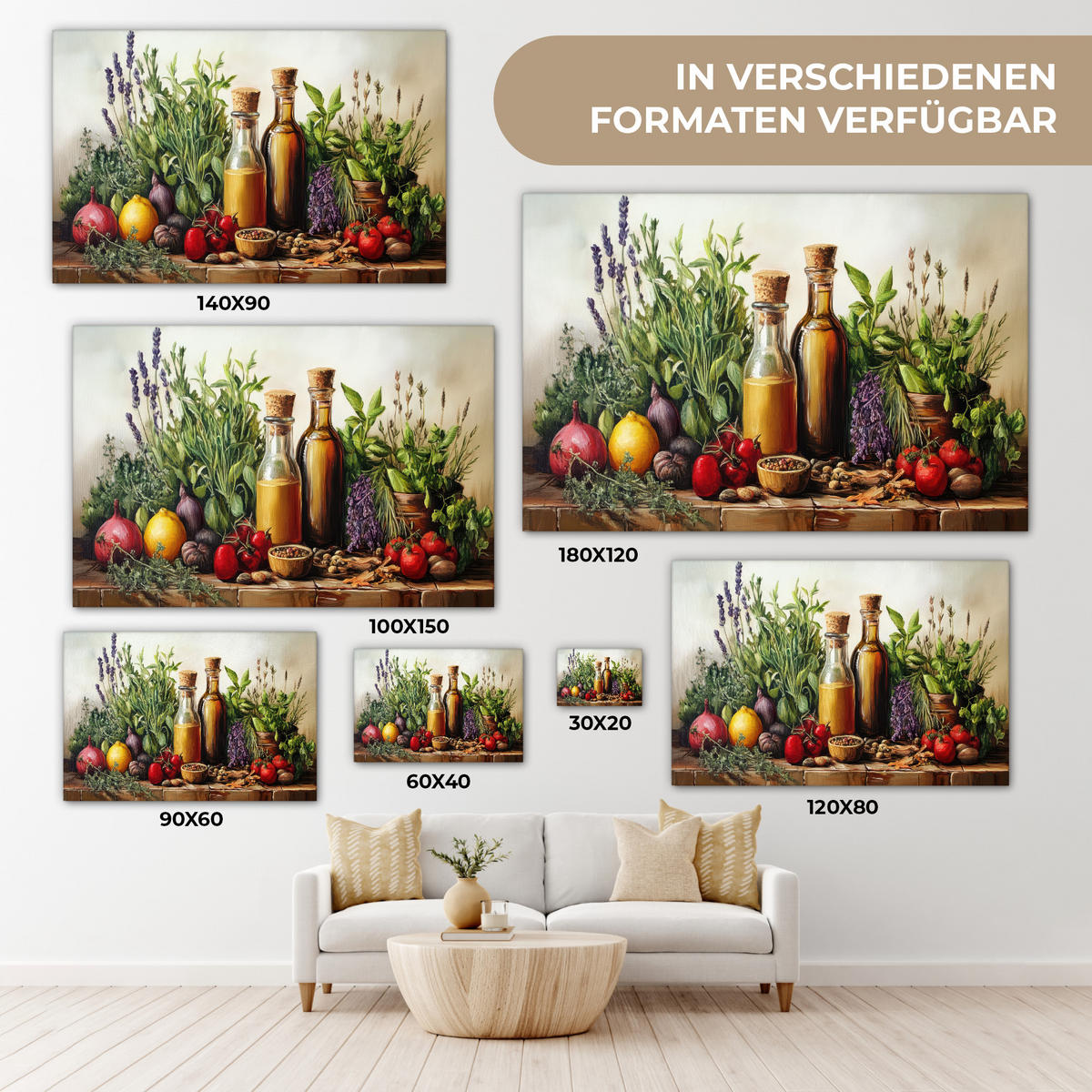 LEINWANDBILD Stilleben - Kräuter - Gewürze - Farbenfroh - Küche 150x100 cm - Grün, Textil (150/100cm) - MuchoWow