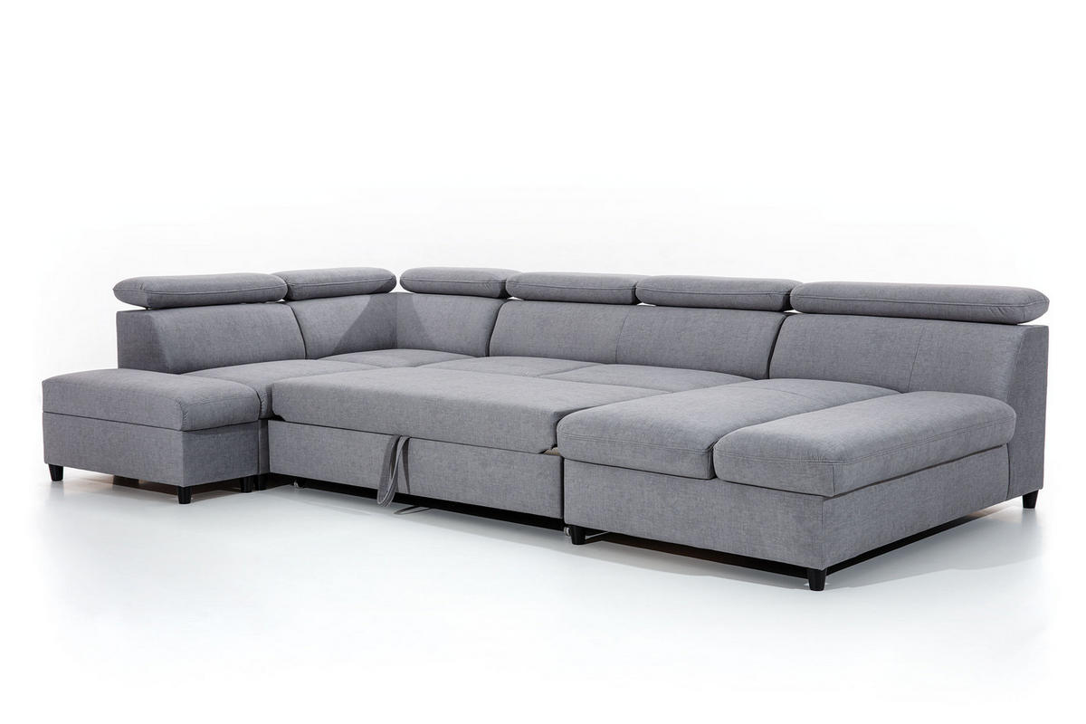 WOHNLANDSCHAFT Olettio Grau 342/205/96 cm – großes Sofa mit Schlaffunktion L - Schwarz/Grau, Holz/Textil (205/96/342cm) - AX Living
