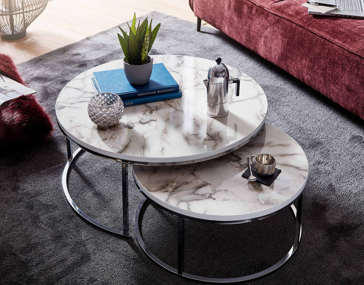 COUCHTISCH 2er Set Marmoroptik Metall Eichenholz Ineinanderschiebbar, Silber 80x80x36 cm - Silberfarben, Holz/Metall (80/80/36cm) - KADIMA DESIGN